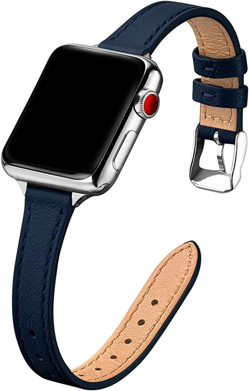 STIROLL Slim Leather Bands Compatible with Apple Watch Band 38Mm 40Mm 41Mm 42Mm 44Mm 45Mm 49Mm, Top Grain Leather Watch Thin Wristband for Iwatch Ultra SE Series 8/7/6/5/4/3/2/1  STIROLL Navy with Silver 42mm/44mm/45mm/49mm 