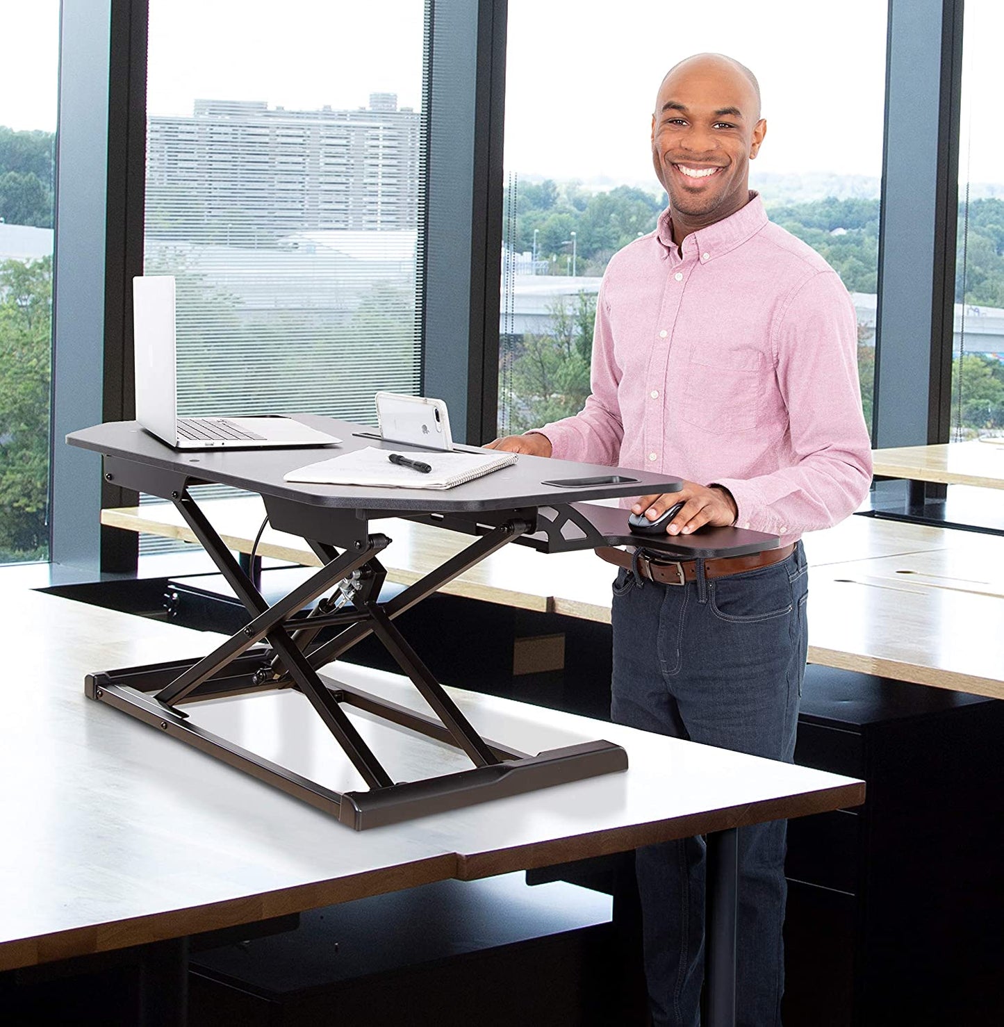 Flexpro Hero Corner Standing Desk Converter 37 Inch | Great for Cubicles & L-Shaped Desks | 2 Level Sit to Stand Workspace with Keyboard Shelf & Monitor Riser | Easily Sit or Stand (Black / 37 )  Stand Steady   