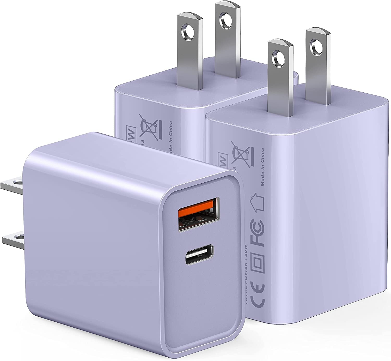 [3 Pack] USB-C Wall Charger, 20W Durable Dual Port QC+PD 3.0 Power Adapter, Double Fast Plug Charging Block for Iphone 14/14 Pro/14 Pro Max/14 Plus/13/12/11, XS/XR/X, Watch Series 8/7 Cube(White)  CSODINCE Purple  