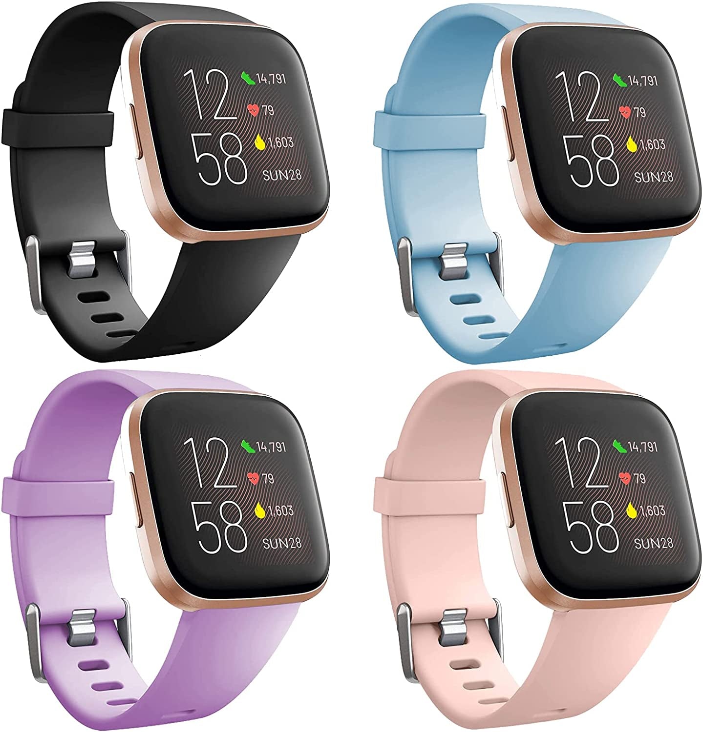 4 Pack Sport Bands Compatible with Fitbit Versa 2/Fitbit Versa/Versa Lite,Classic Soft Silicone Replacement Wristbands for Versa 2 Smart Watch Women Men Large（Black+Dark Blue+Rock Cyan+Grey）  SENGKOB black/pink/clove/lavender Small 