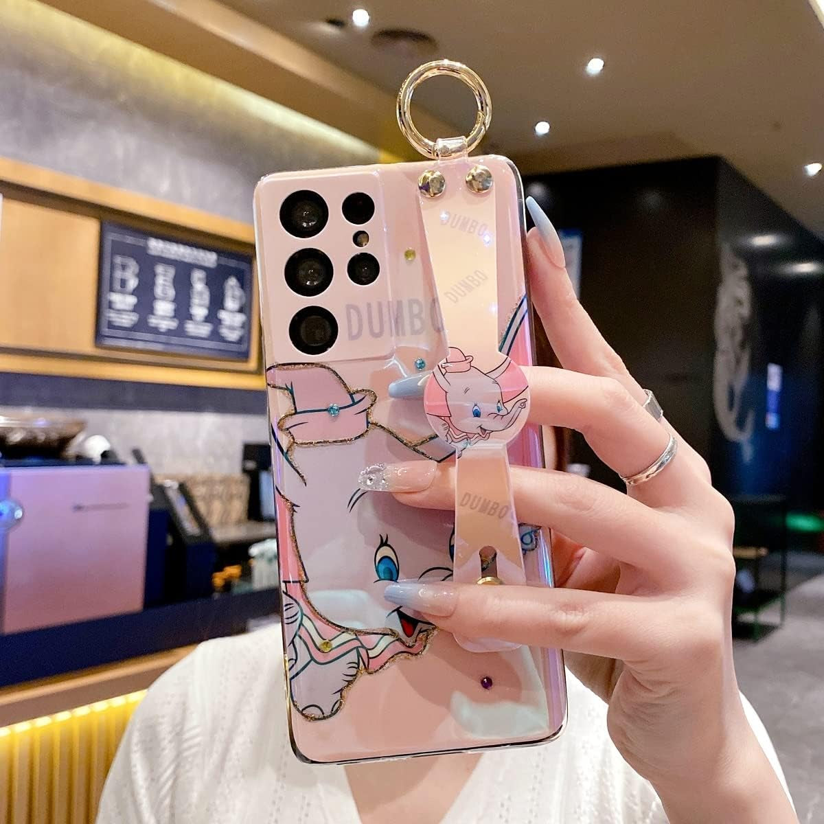 Meishangmei for Samsung Galaxy S21 Ultra Case 6.8" Sparkle Bling with Strap Stand Cute Pattern IMD Design Silicone Shockproof Protective Glitter Cases Cover for Girls and Women - Pink Dumbo  Meishangmei   