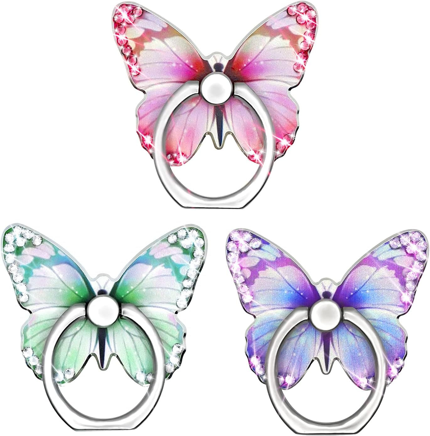 Bling Cute Butterfly Cell Phone Ring Holder with Crystal Rhinestone 360°Rotation Metal Finger Stand Kickstand Universal Compatible with Iphone Samsung Galaxy LG Google Ipad 2 Pack（Purple & Pink）  Walaivgne rose red+purple+green  