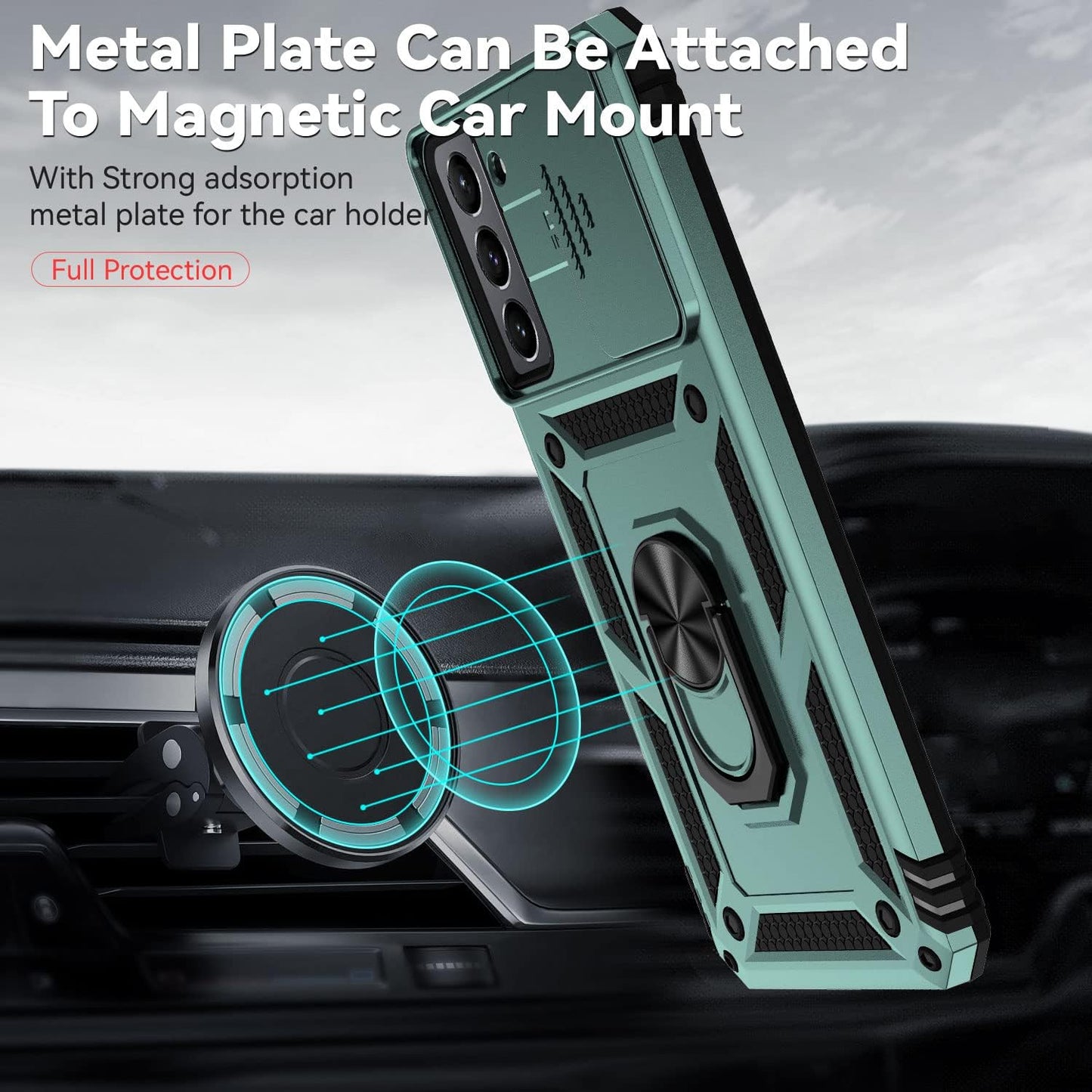 For Samsung Galaxy S21 FE 5G Case with Camera Lens Cover HD Screen Protector, Military-Grade Drop Tested Magnetic Ring Holder Kickstand Protective Phone Case for Samsung Galaxy S21 FE 5G (Dark Green)  JINZHI Inc   