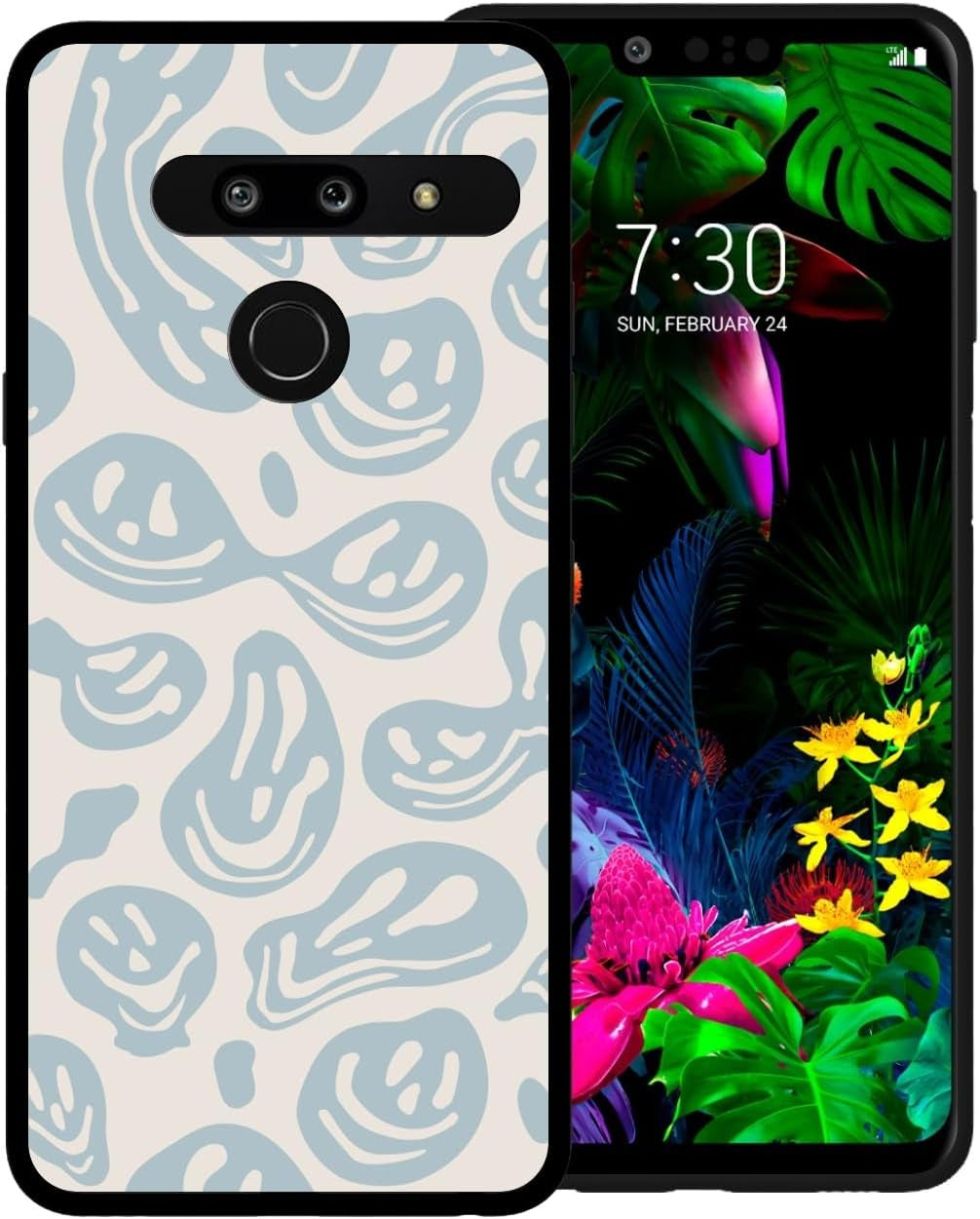 Zaztify Phone Case for LG G8 Thinq, Pastel Pink White Funny Trippy Dripping Smile Melted Hippie Smiling Skull Ghost Face Shockproof Protective Cover Shell  zaztify Beige Blue Trippy Face  