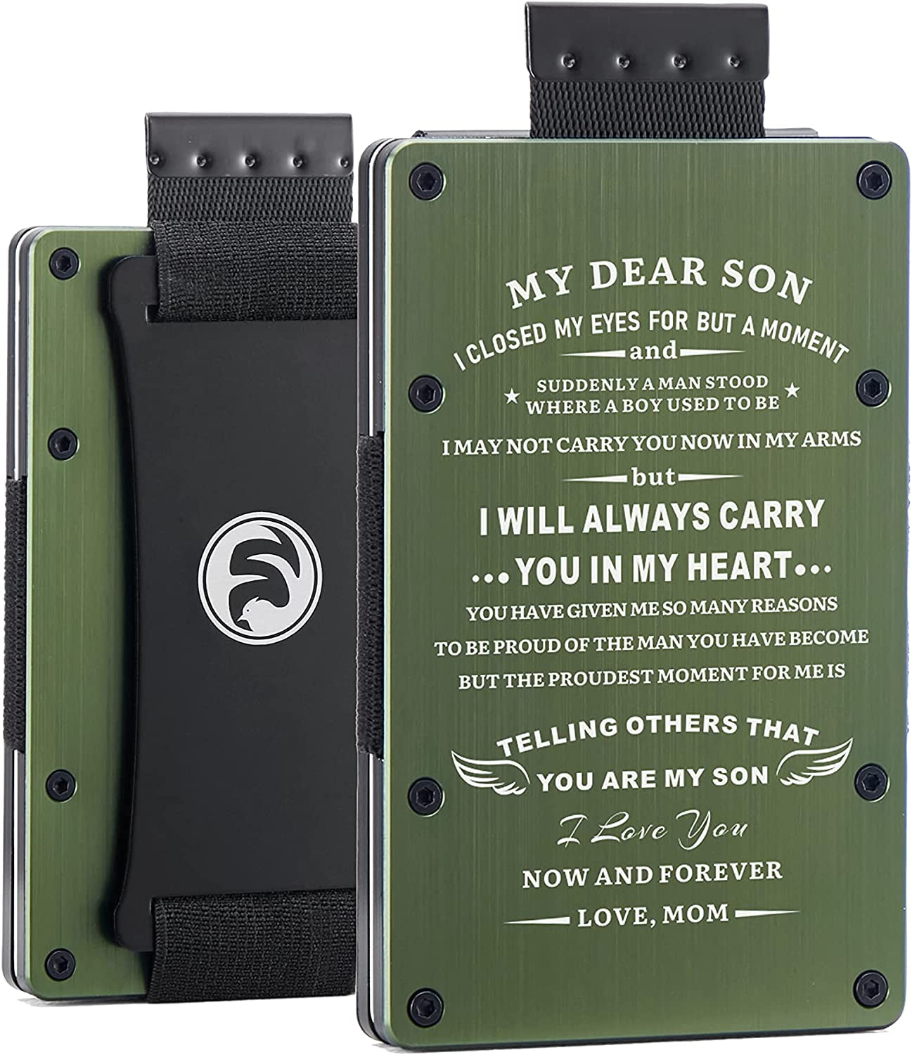 Men Minimalist Metal Engraved Wallet for Son Dad Husband Boyfriend | Slim Front Pocket RFID Blocking Aluminum Tactical Card Holder with Cash Strap | Personalized Birthday Christmas Graduation Gift  FeiYen For son from mom 2-Brushed army green  