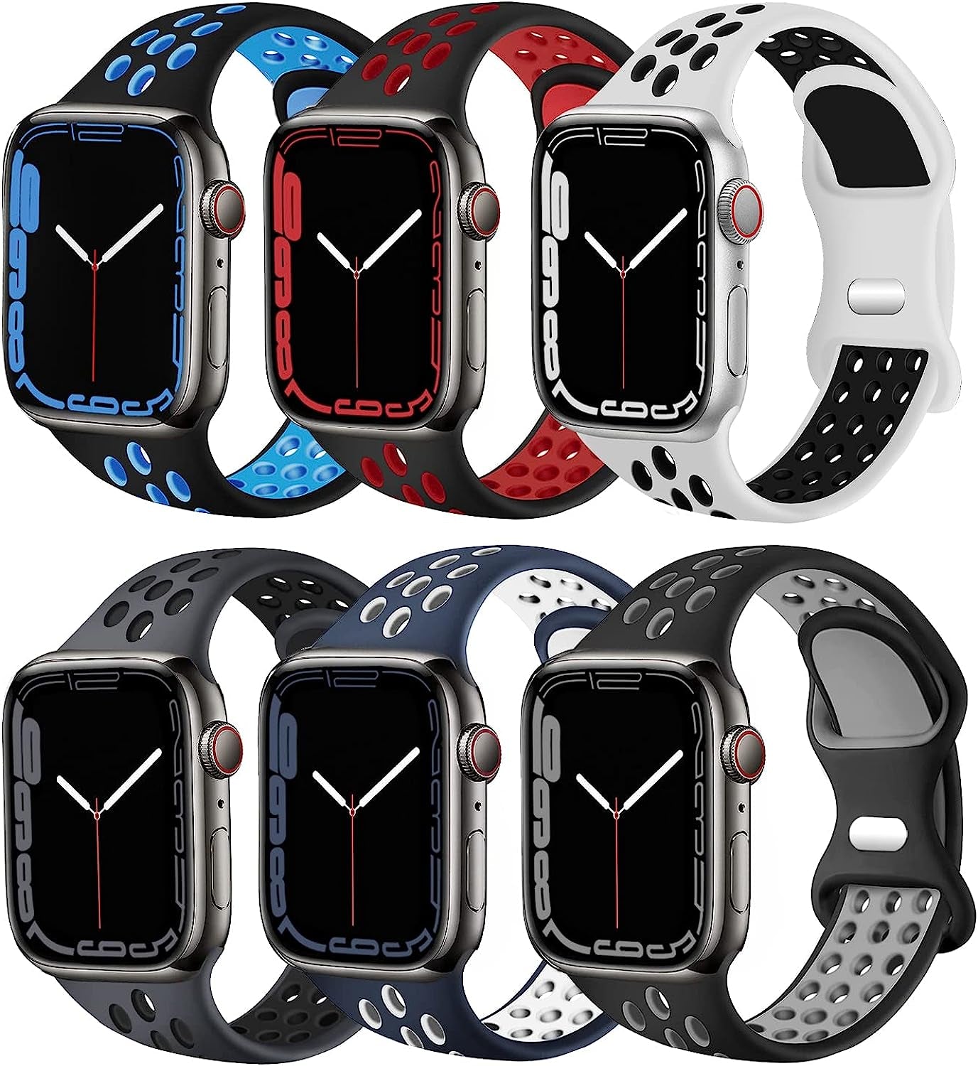 Elaikement Sport Bands Compatible with Apple Watch Band 49Mm 45Mm 44Mm 42Mm 41Mm 40Mm 38Mm Men Women, Breathable Soft Silicone Strap Replacement for Iwatch Series 8 7 6 5 4 3 2 1 Ultra SE, 6Pack  Elaikement Anthracite Black/Black Red/Black Blue/White Black/Blue White/Black Grey 38mm 40mm 41mm 
