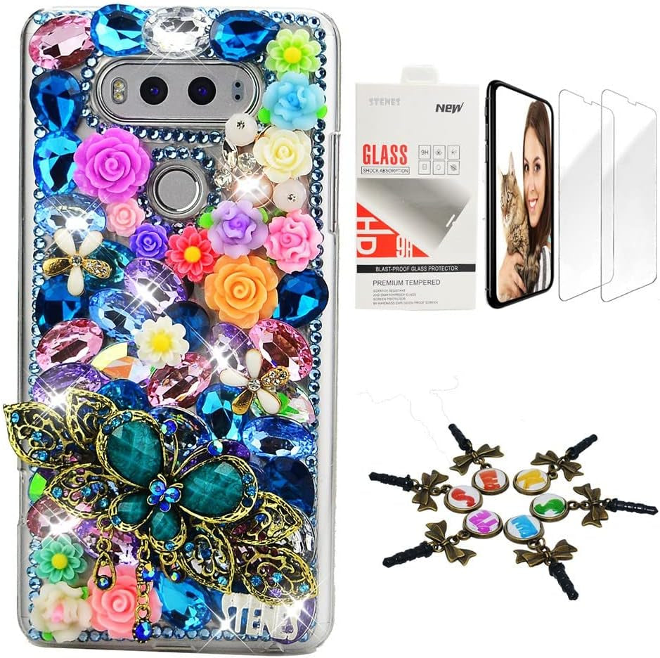 STENES Bling Case Compatible with LG G6 / LG G6 plus - Stylish - 3D Handmade [Sparkle Series] Girls Mirror Flowers Design Cover with Screen Protector [2 Pack] - Blue  STENES Retro Pretty Butterfly Flowers / Multi Colorful Design For Lg Stylo 6 