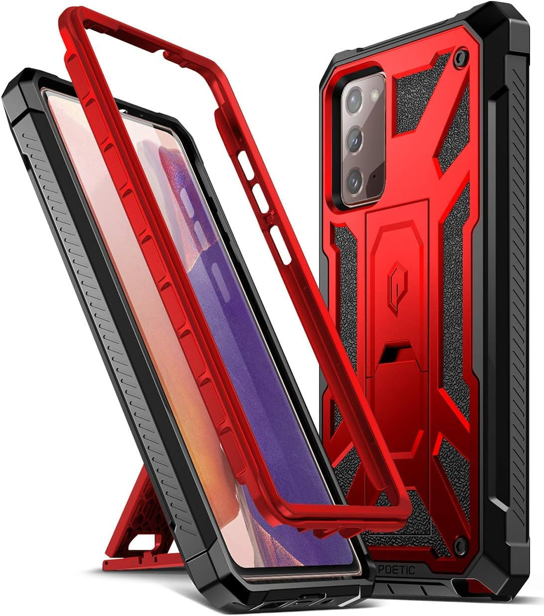 Poetic Spartan Series for Samsung Galaxy Note 20 Case, Full-Body Rugged Dual-Layer Metallic Color Accent with Premium Leather Texture Shockproof Protective Cover with Kickstand, Metallic Green  Poetic Metallic Red  