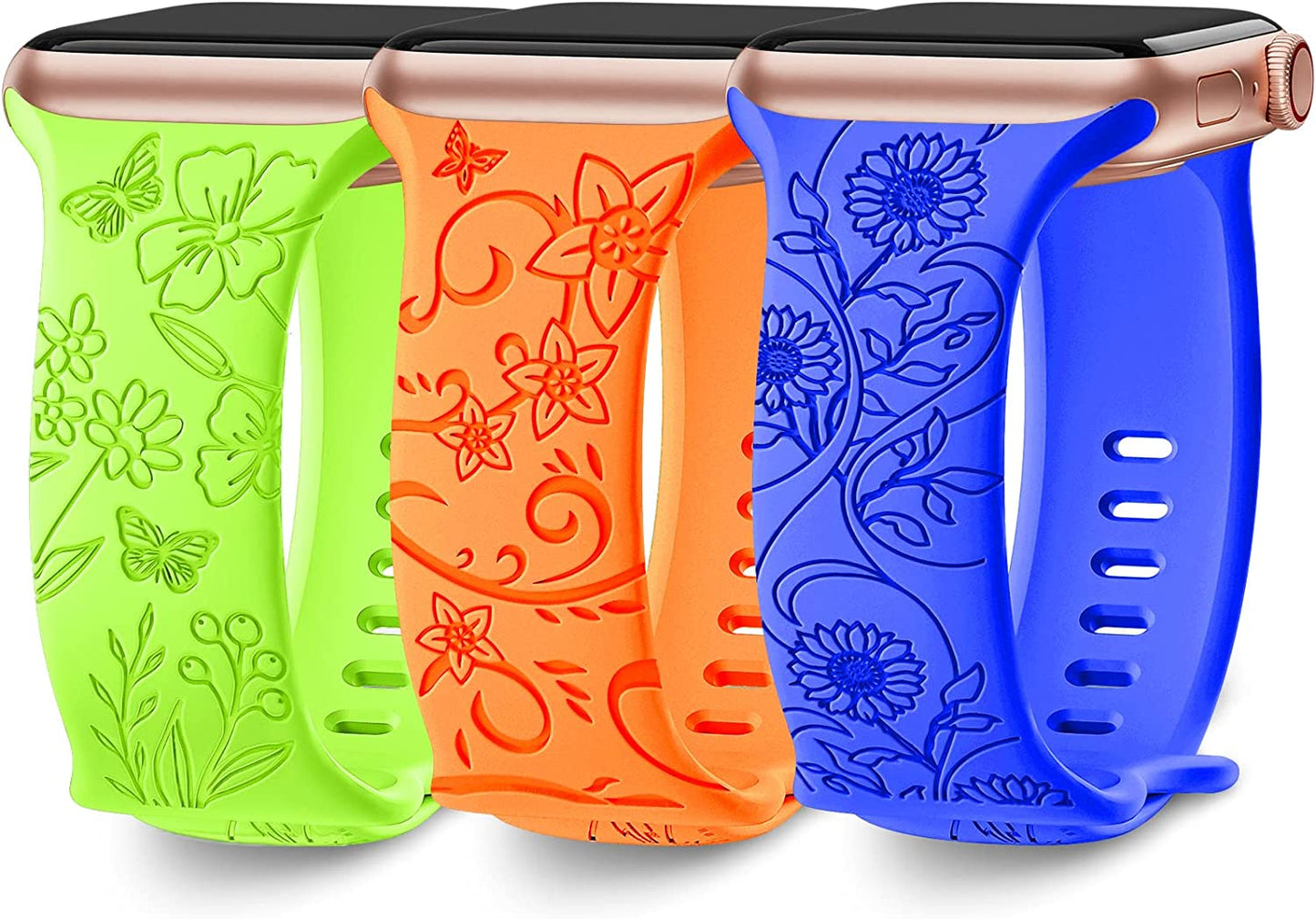 3 Pack Floral Engraved Bands Compatible with Apple Watch Band 40Mm 41Mm 38Mm 42Mm 44Mm 45Mm 49Mm Women,Soft Silicone Cute Wildflowers Sport Laser Strap for Iwatch Bands Series Ultra SE 8 6 5 4 3 2 1  AMSKY Lime Green/Orange/Royal Blue 42/44/45/49 mm 