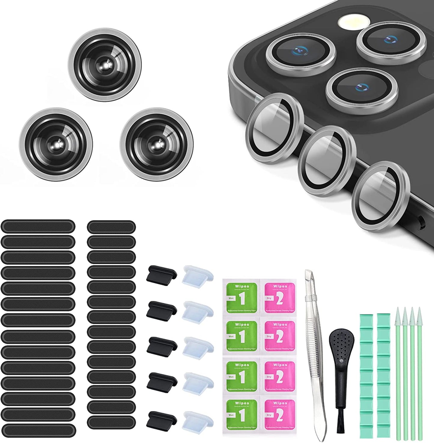 16 PCS Iphone Metal Speaker Dust Cover (8PCS Black and 8PCS Silver) 2PCS Iphone Metal Dust Plug 10PCS Silicone Dust Plugs,With Cleaning Tools Compatible Iphone 12/13 /14 Pro/Pro Max/Iphone Series  Pohgelan Silver iphone 13Pro/Pro Max 