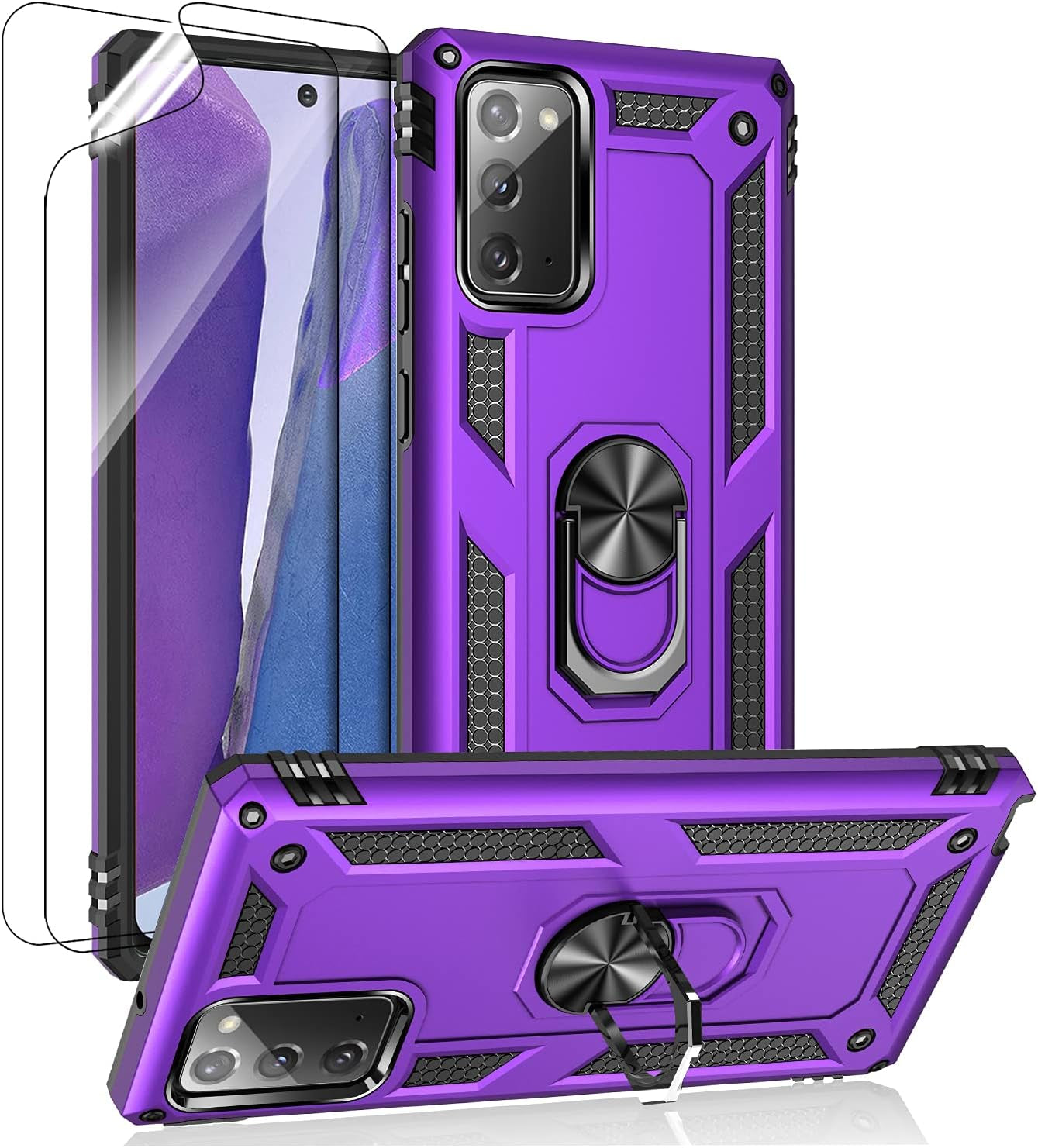 Samsung Galaxy Note 20 Case, Note20 5G Case with HD Screen Protectors, Androgate Military-Grade Metal Ring Holder Kickstand 15Ft Drop Tested Shockproof Cover Case for Samsung Galaxy Note 20 Teal  E&M Tek Purple  