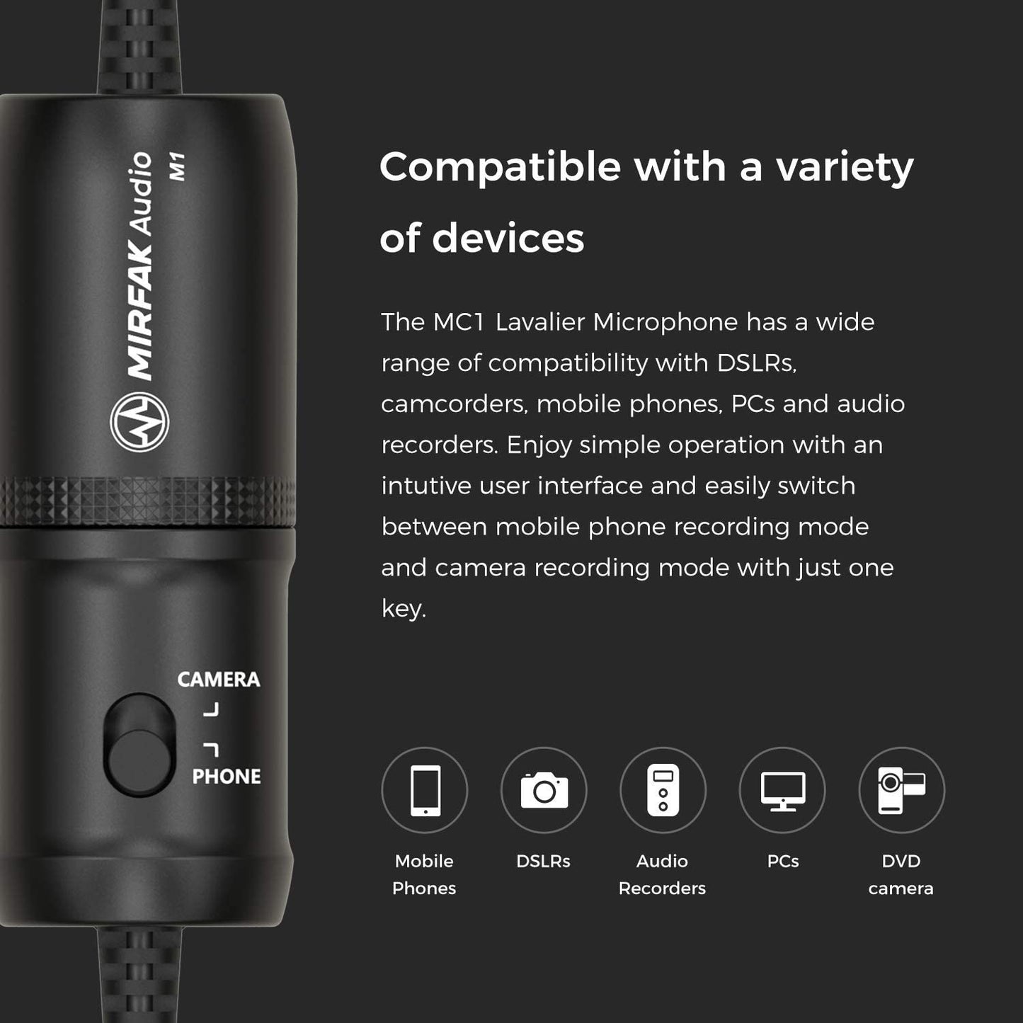 MIRFAK MC1 Lavalier Microphone 360°Ofhighly Sensitive Recording Omni-Directional Condenser Microphone Compatible with Dslrs, Camcorders, Mobile Phones, Pcs and Audio Recorders  MIRFAK   