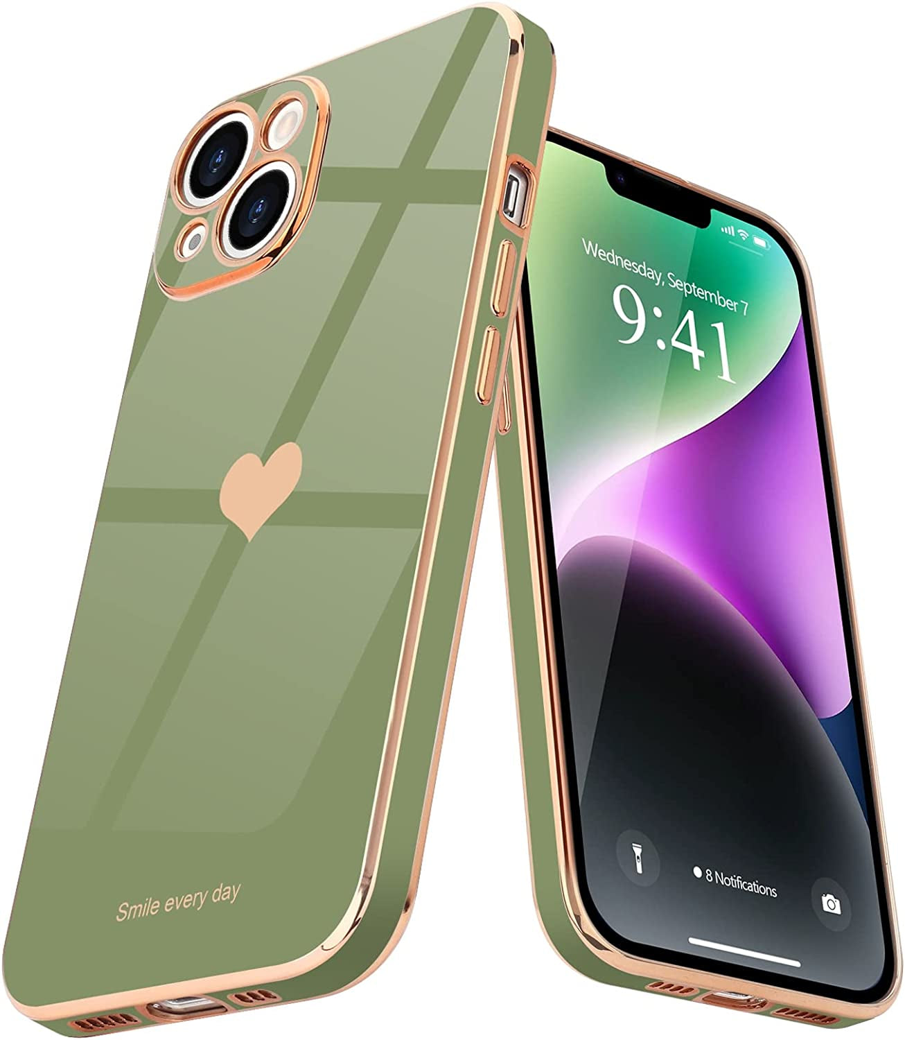 Teageo for Iphone 14 Case for Women Girl Cute Love Heart Luxury Electroplate Plating Soft Bling Back Cover Raised Full Camera Protection Bumper Silicone Shockproof Phone Case for Iphone 14, Lavender  janzee Green  