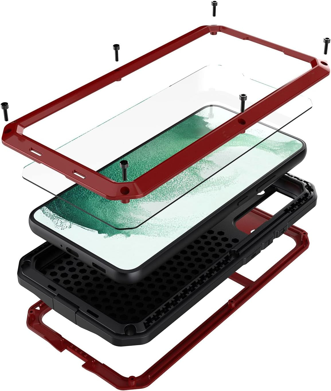 Galaxy S22 Case,Marrkey Full Body Protective Cover Heavy Duty Shockproof [Tough Armour] Aluminum Alloy Metal Case with Silicone Built-In Screen Protector for Samsung Galaxy S22 6.1" - Black  Marrkey Red  