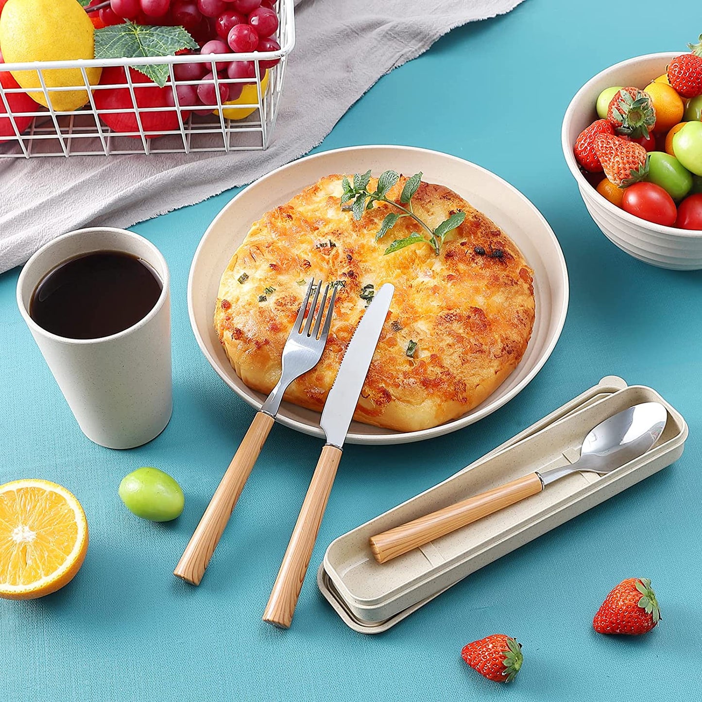 28Pcs Wheat Straw Dinnerware Sets, Plates and Bowls Sets for 4, Large Plates, Bowls, Cups for Camping, Picnic Microwave Safe  Wwyybfk   