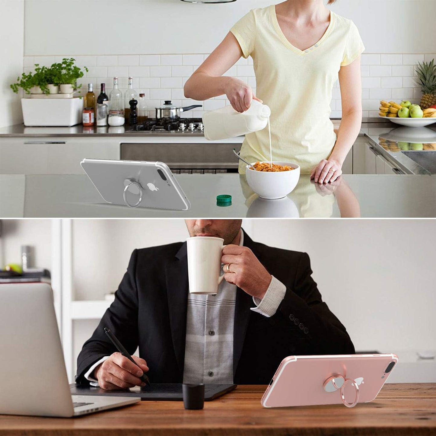 Finger Ring Stand, ICHECKEY Phone Ring Kickstand 360° Rotation Metal Grip Holder for Magnetic Car Mount Compatible with All Smartphone, Ipad, Tablet - Rose Gold/Silver (Rose2Pcs)  ICHECKEY   