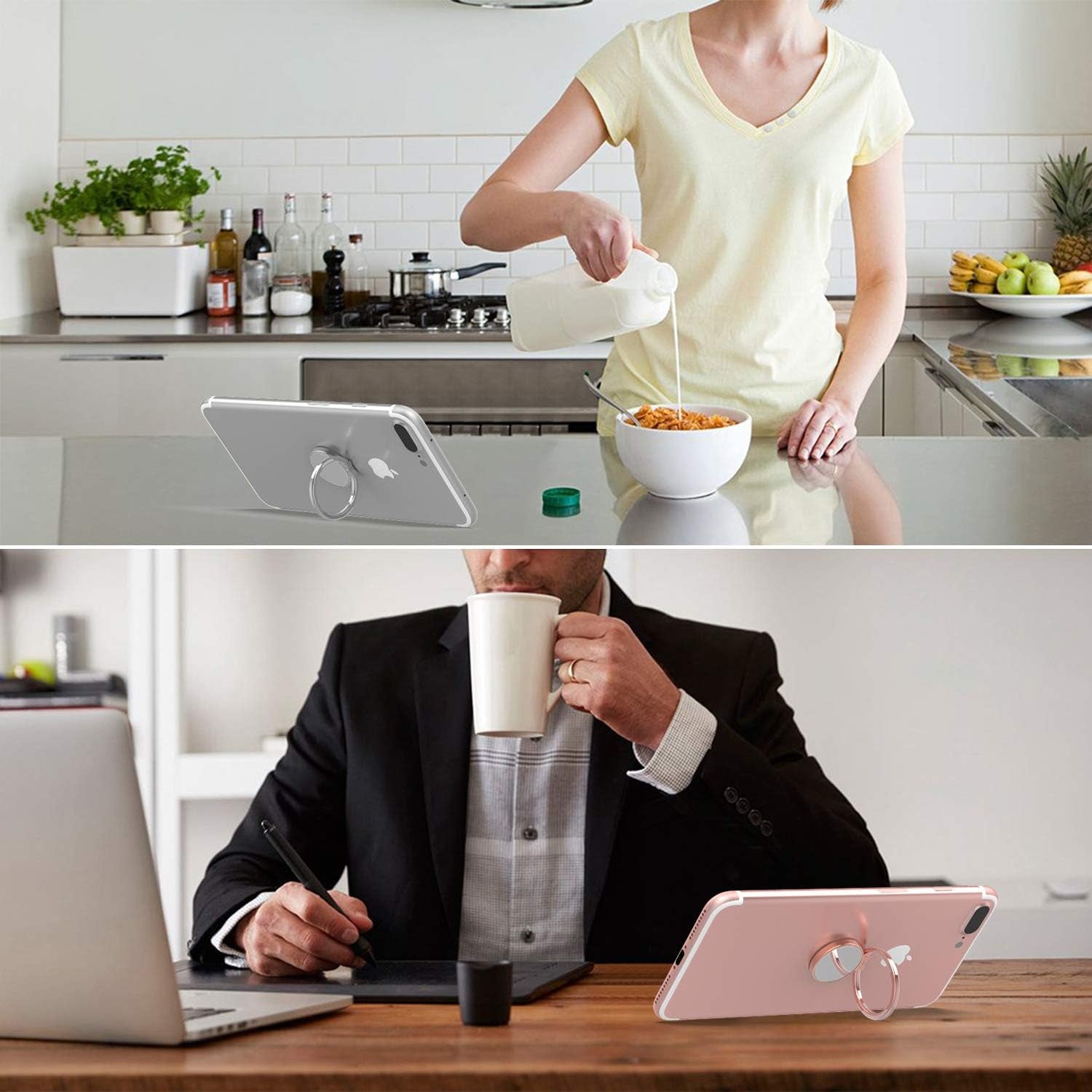 Finger Ring Stand, ICHECKEY Phone Ring Kickstand 360° Rotation Metal Grip Holder for Magnetic Car Mount Compatible with All Smartphone, Ipad, Tablet - Rose Gold/Silver (Rose2Pcs)  ICHECKEY   