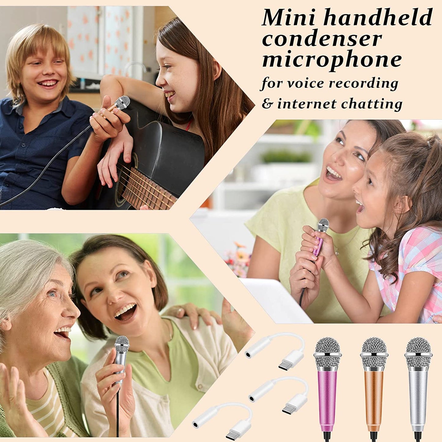 3 Pieces Mini Microphone Tiny Microphone Mini Portable Vocal Instrument Microphone and 3 Pieces USB Type C to 3.5 Mm Female Adapter for Mobile Phone  Flutesan   