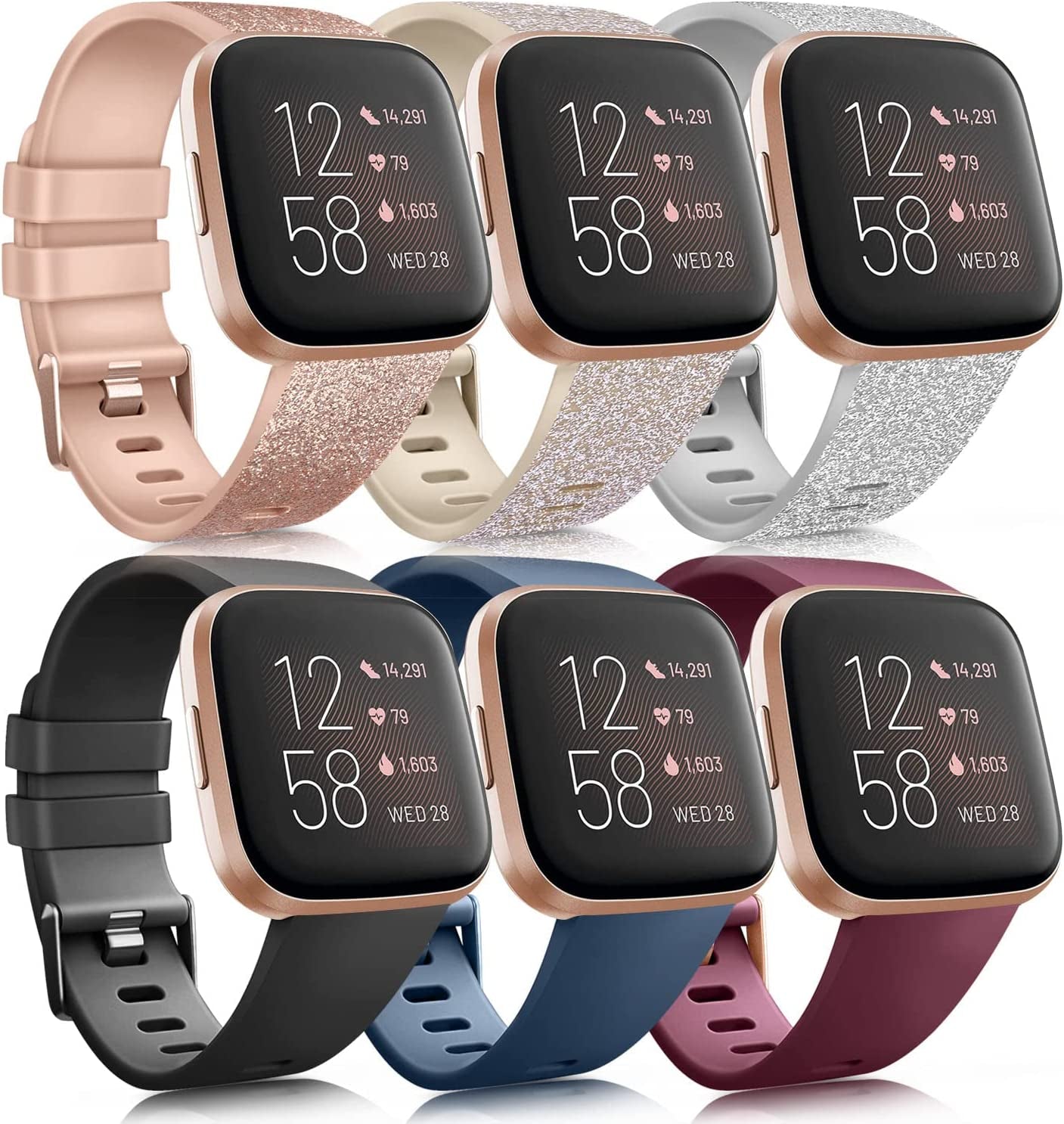 6 Pack Sport Bands Compatible with Fitbit Versa 2 / Versa/Versa Lite/Versa SE, Classic Soft Silicone Replacement Wristbands for Smart Watch Women Men (6 Pack A, Small)  AK Glistening Rose Gold/Glistening Champagne Gold/Glistening Silver/Black/Blue/Wine Red Small 