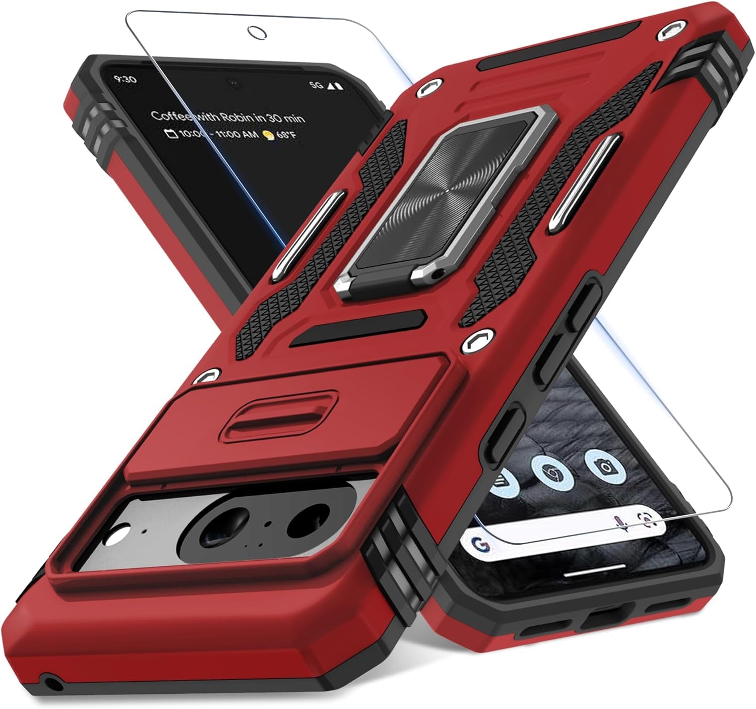 DEERLAMN for Google Pixel 8 Case with Slide Camera Cover+Screen Protector (1 Pack), Rotated Ring Kickstand Military Grade Shockproof Heavy Duty Protective Cover -Black  DEERLAMN Red Google Pixel 8 