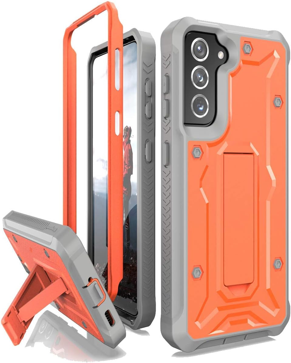Armadillotek Vanguard Compatible with Samsung Galaxy S21 Case, Military Grade Full-Body Rugged with Built-In Kickstand [Screenless Version] (Black)  ArmadilloTek Orange  