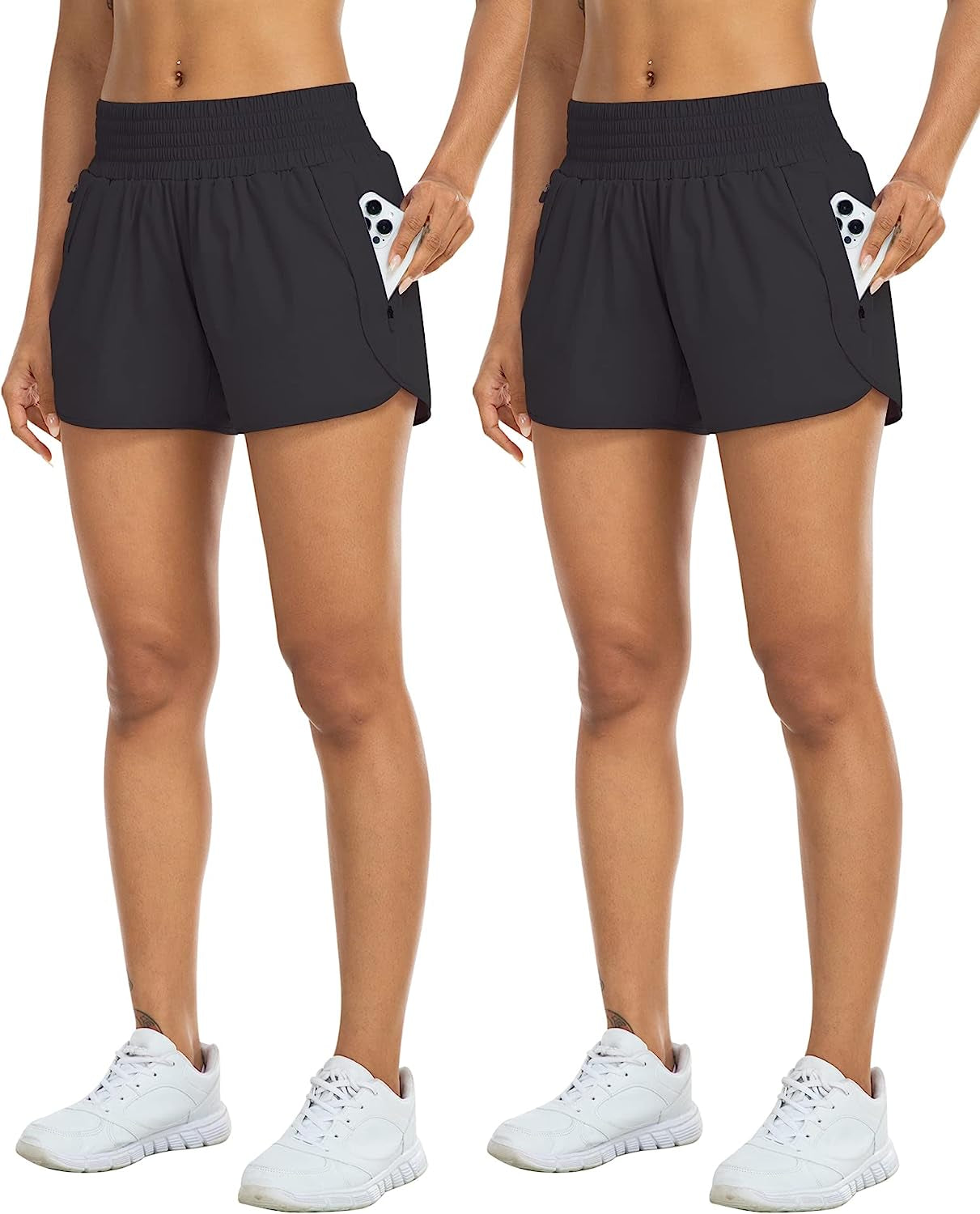 YEZII Athletic Shorts for Women with Pockets High Waist Running Workout Shorts Gym Yoga White Summer Shorts  YEZII 2 Packs-black/Black Small 