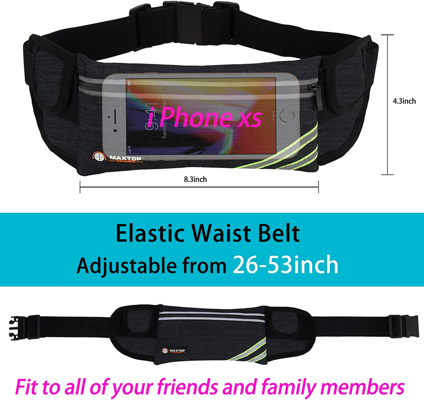 【2 Packs Family Share Bundle】Fanny Packs for Women Men Running Belt Waist Pack Bag for Workout Gym Exercise Walking Hiking Belt Bag Waist Pouch Fits Iphone Cell Phone Holder for Travel Money Belt  MAXTOP   
