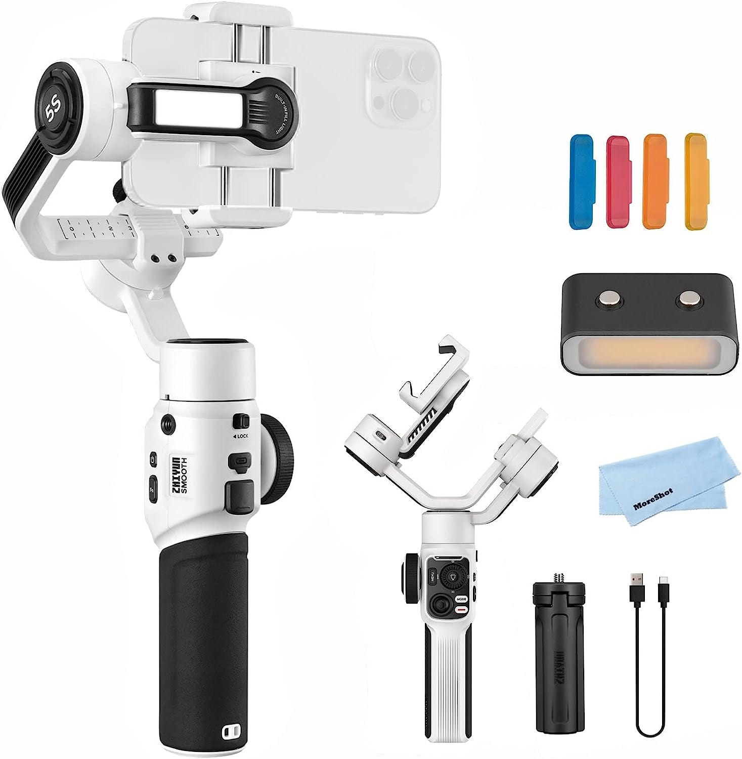 Zhiyun Smooth 5S Gray Gimbal Stabilizer for Smartphone Iphone 14 13 12 11 SE SR X 8 Pro Max plus Samsung Android for Youtube Tiktok Vlogging Zhiyun Smooth 5 Phone Gimbal Upgraded+1Pcs Mini LED Light  Zhiyun white  