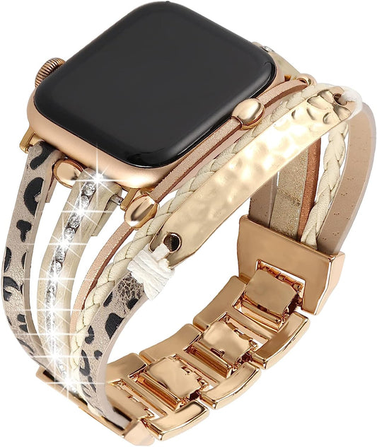 Posh Leather Bands Compatible with Apple Watch Bands 38Mm 40Mm 41Mm for Women Men，Metal Sheets Bracelet Jewelry Warp Strap for Iwatch Series SE 7 6 5 4 3 2 1（Cheetah with Gold）  REALSIGN   
