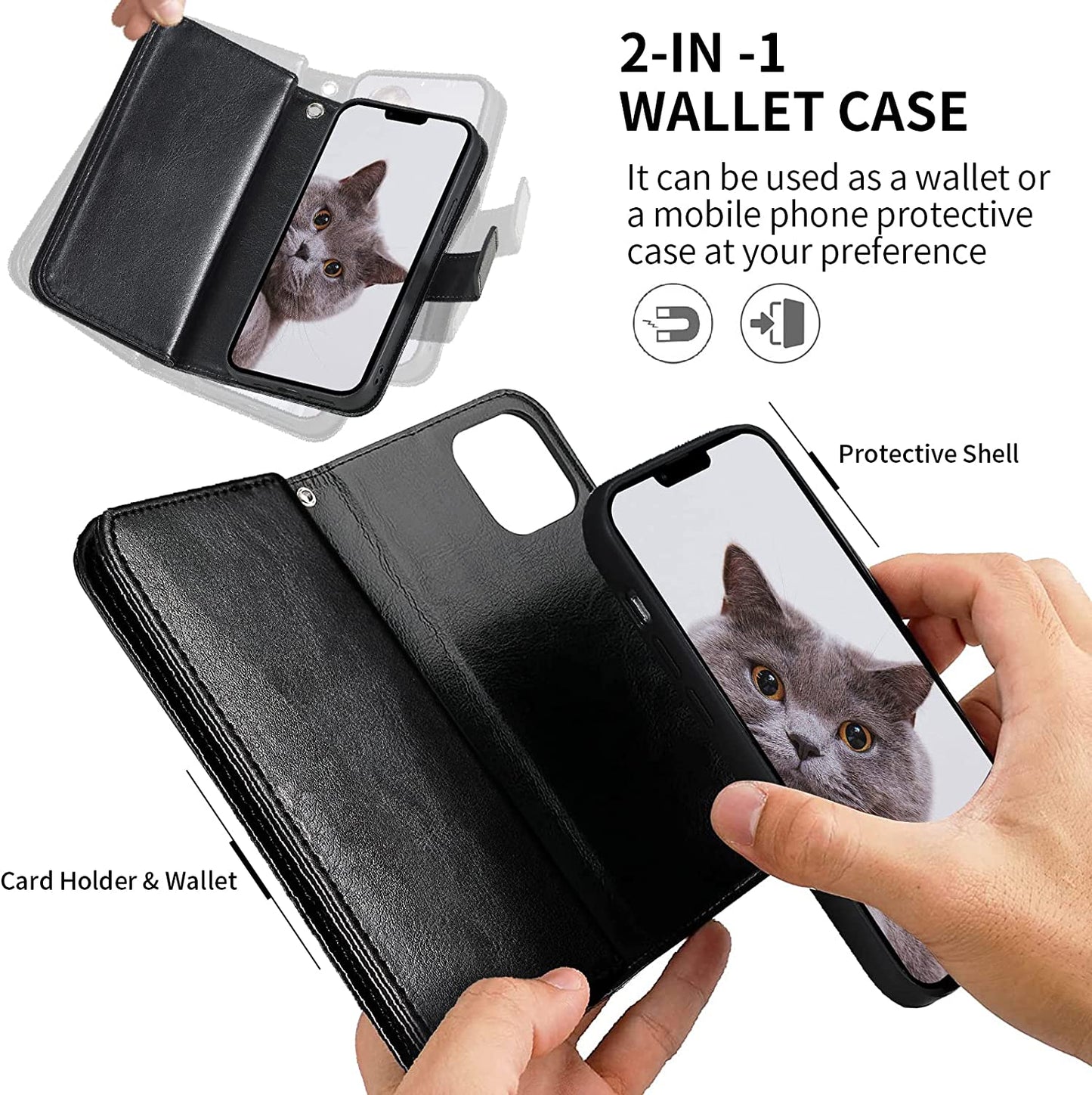 CASEOWL Compatible with Iphone 14 Wallet Case, Support Magsafe Charger, 2 in 1 Magnetic Detachable Folio Leather Iphone 14 Case Wallet with 9 Card Slots[Rfid Blocking], Strap for Man Women (Black)  CASEOWL   