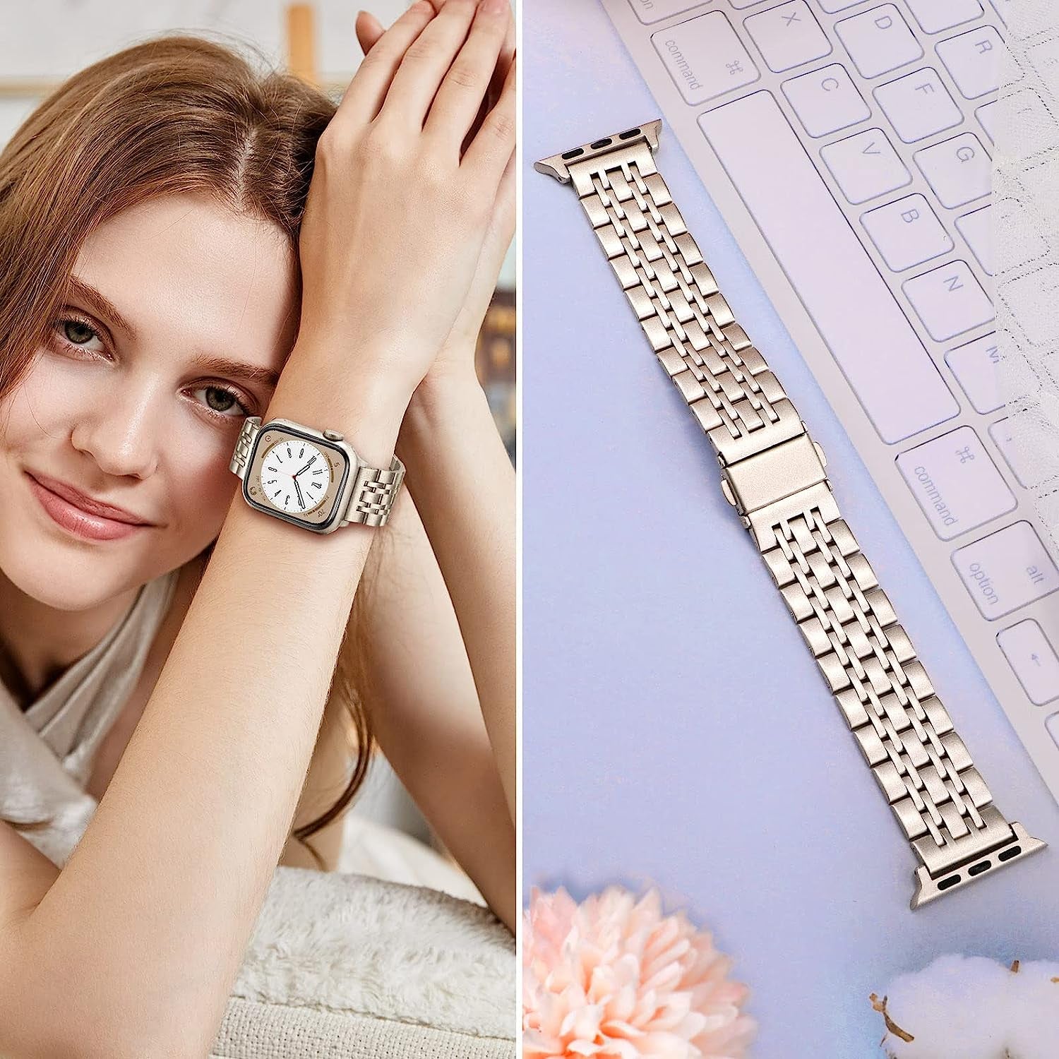 Trumirr Band for Apple Watch Series 8 7 41Mm Starlight Women Men, Stainless Steel Bands Replacement Strap for Iwatch SE Series 8 7 6 5 4 3 2 1 41Mm 40Mm 38Mm  TRUMiRR   