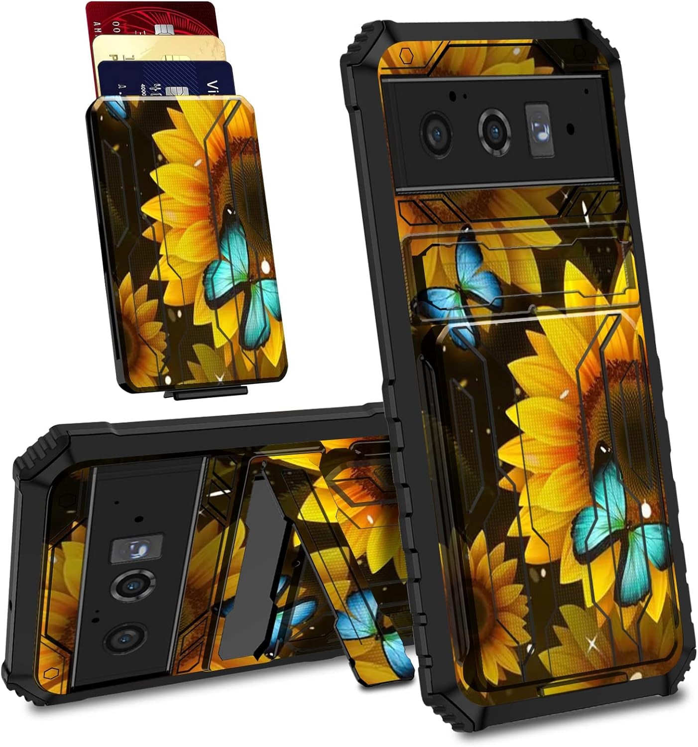Case for Goole Pixel 6 Pro with Detachable Card Holder Slot Kickstand Hybrid Dual Layer Heavy Duty Shockproof Cover Hidden ID Cash Credit Wallet Case for Google Pixel 6 Pro 5G, Vintage American Flag  BVDIKMI Sunflower Butterflys  