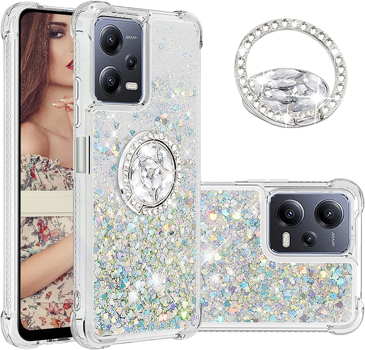 Ccsmall Glitter Clear Sparkly Bling Case for Xiaomi Redmi Note 12 4G, Flowing Liquid Quicksand Cover with Diamond Ring Holder Case for Xiaomi Redmi Note 12 4G LSZ Silver  CCSmall Silver Redmi Note 12 5G 