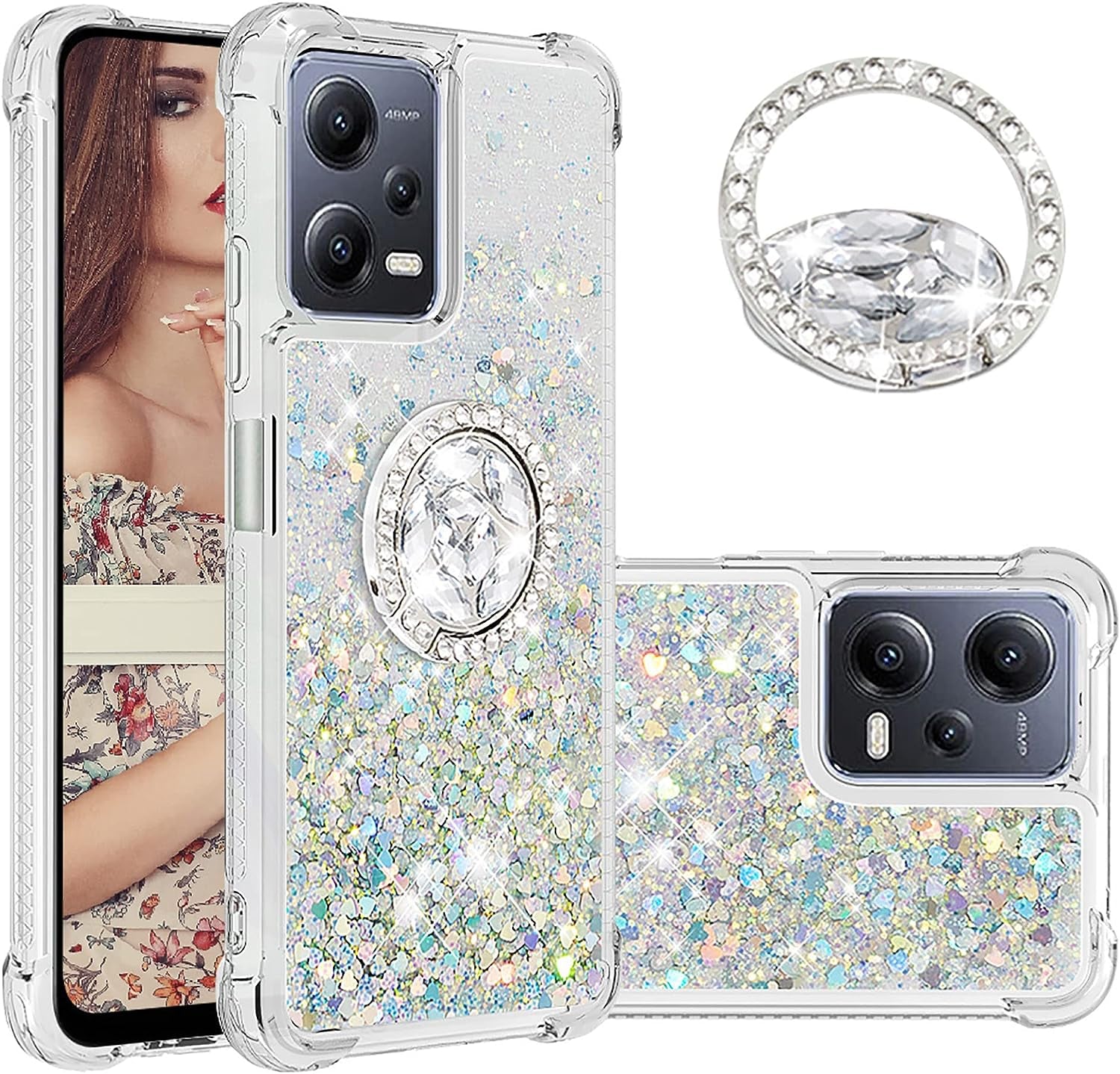 Ccsmall Glitter Clear Sparkly Bling Case for Xiaomi Redmi Note 12 4G, Flowing Liquid Quicksand Cover with Diamond Ring Holder Case for Xiaomi Redmi Note 12 4G LSZ Silver  CCSmall Silver Redmi Note 12 5G 