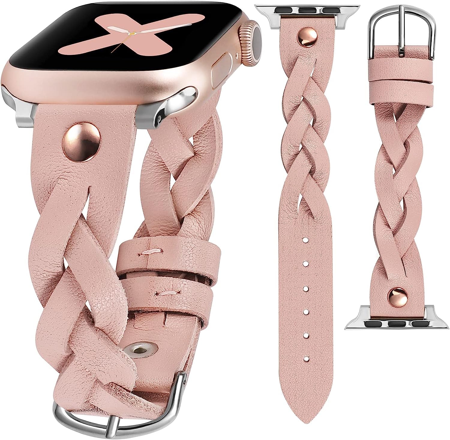 Moolia Braided Leather Strap Compatible with Apple Watch Band 38Mm 40Mm 41Mm 42Mm 44Mm 45Mm 49Mm Women Vintage Thin Replacement Strap Bracelet for Iwatch Series 8/7/6/5/4/3/2/1/SE  Moolia Rose Pink/Rose Gold 42/44/45/49 mm 