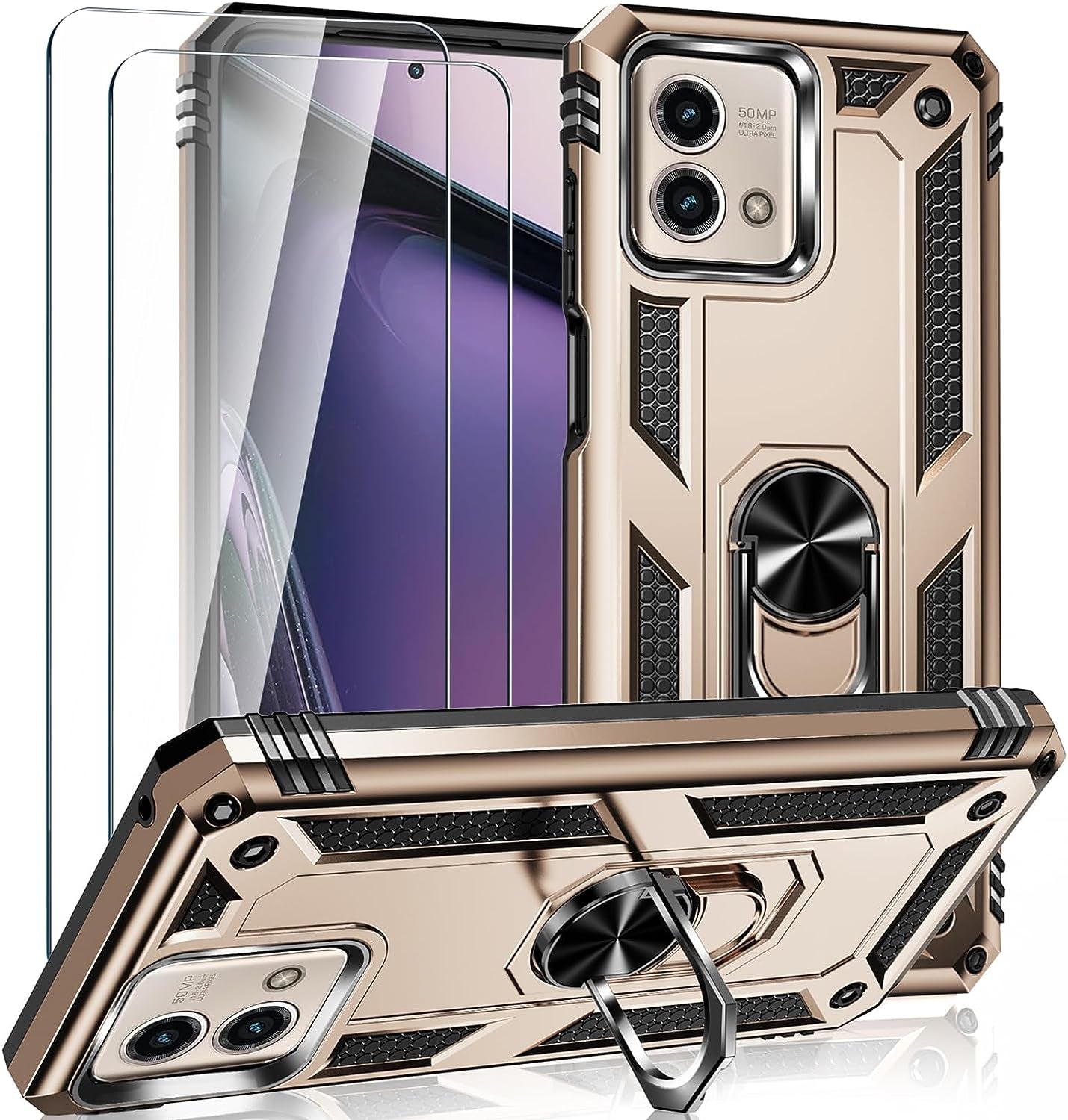 For Motorola Moto G Stylus 5G 2023 Case with 2 Pcs Tempered Glass Screen Protector, [Military-Grade] Rugged Heavy Duty Shockproof Phone Case Cover with Kickstand for Moto G Stylus 5G 2023, Black  Steuscey Gold  