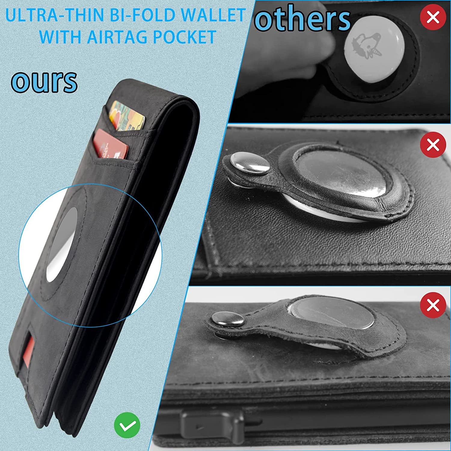 Dseeky Mens Slim Bifold Wallet Multi-Function Wallet Slim Simple Leather Wallet for Airtag Oscar,Genuine Crazy Horse Leather(Black)  Dseeky   