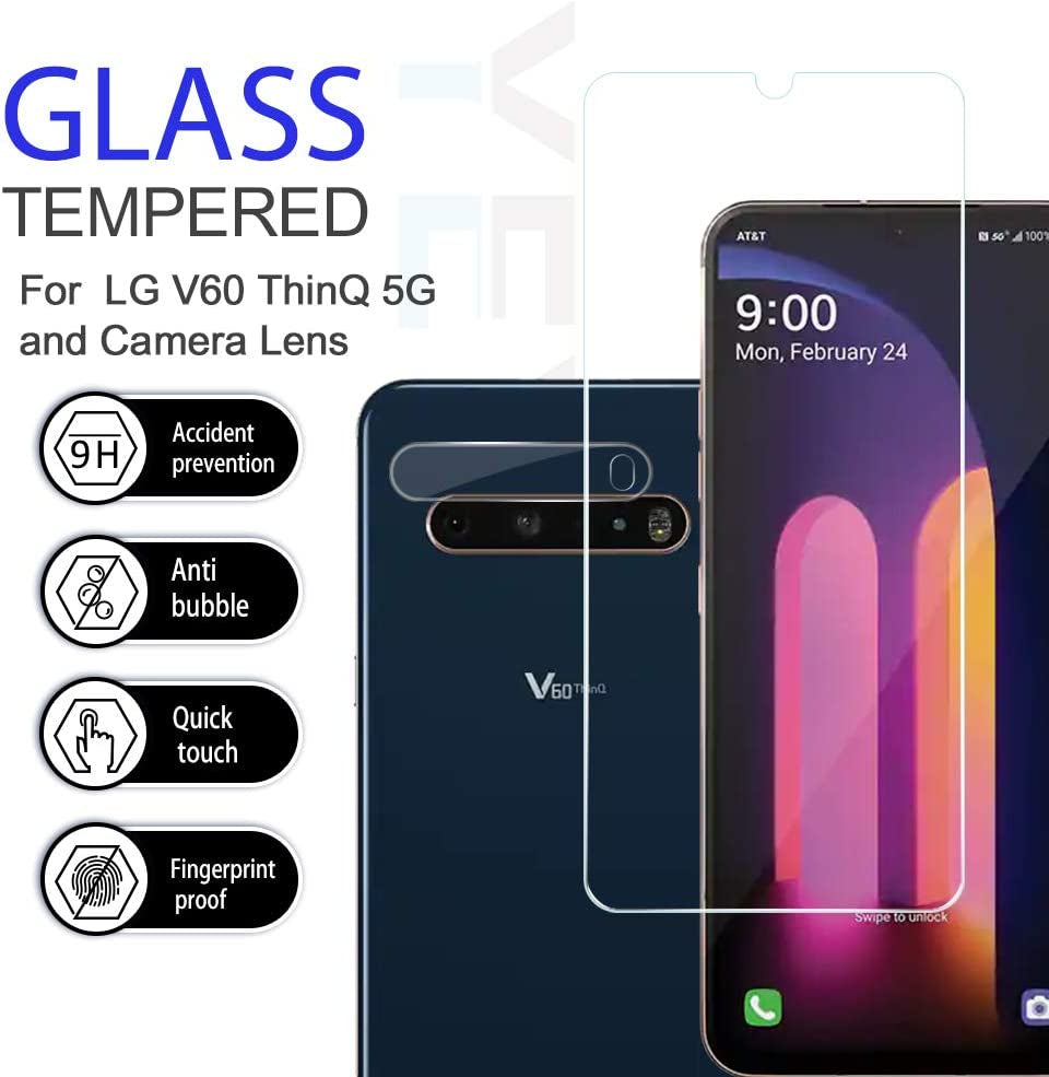 LG V60 Thinq Screen Protector + Camera Lens Protectors by YEYEBF,[2+2 Pack] Tempered Glass Screen Protector [9H Hardness][Case-Friendly][3D Glass][Bubble-Free] Screen Protector Glass for LG V60 Thinq  YEBF   
