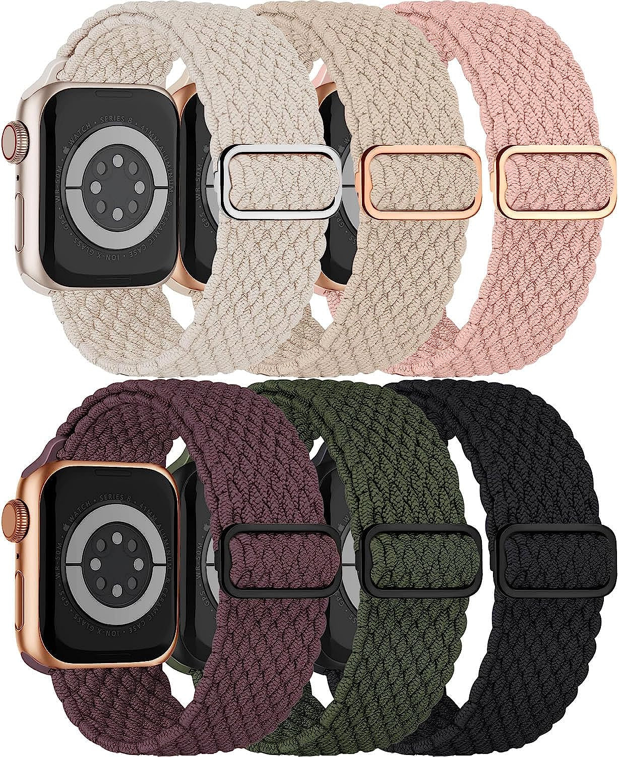 Braided Solo Loop for Apple Watch Band 40Mm 41Mm 38Mm 44Mm 45Mm 42Mm Ultra 49Mm Men/Women,Solace Stretchy Nylon Sport Wristband Strap for Iwatch Bands Series 8/7/6 5/4/3/2/1/SE 44 45 41 40 Mm  DMVEIMAL 02-Black/Green/Cherry/Nude Pink/Nude/Starlight 38mm 40mm 41mm 
