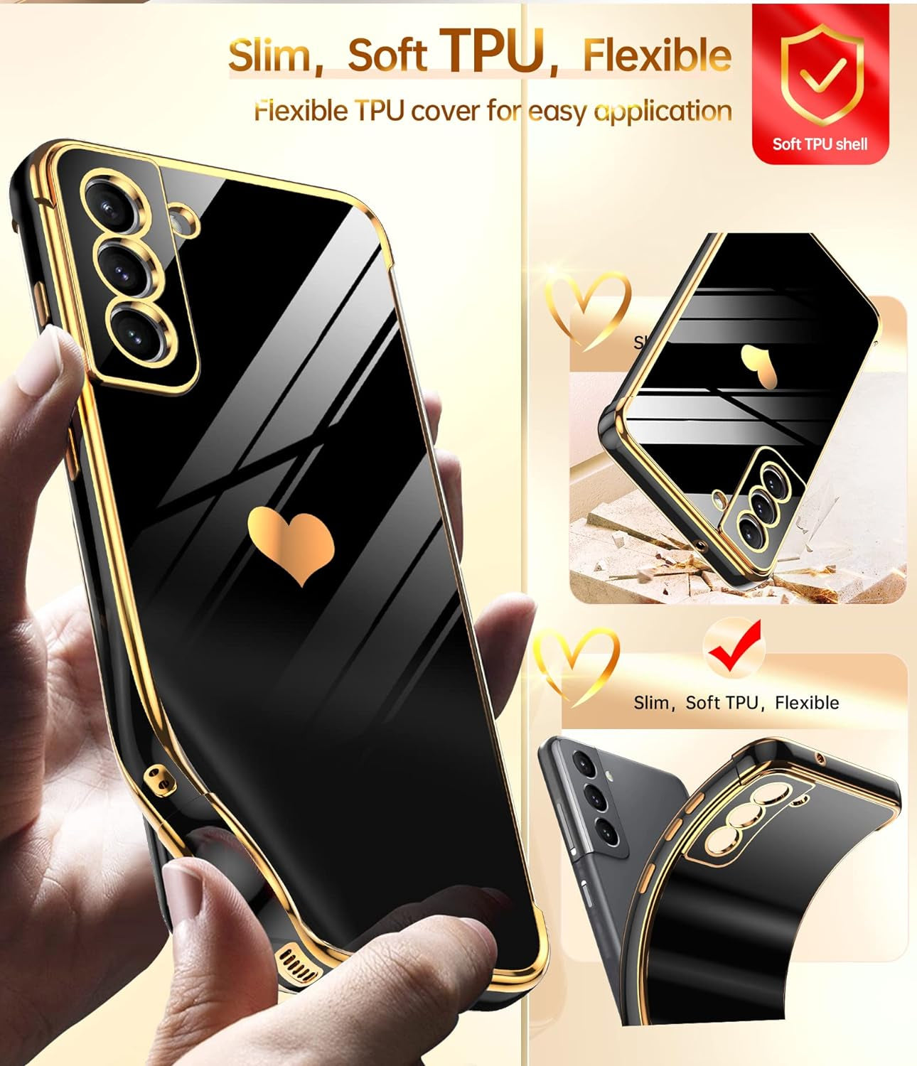 Leyi for Galaxy- S21 FE 5G- Case: Screen Protector [2 Pcs]+ Full Camera Protection, Love Heart Plating Girly Women Cute Luxury Soft TPU Case for Samsung Galaxy S21 FE, Black  LeYi   