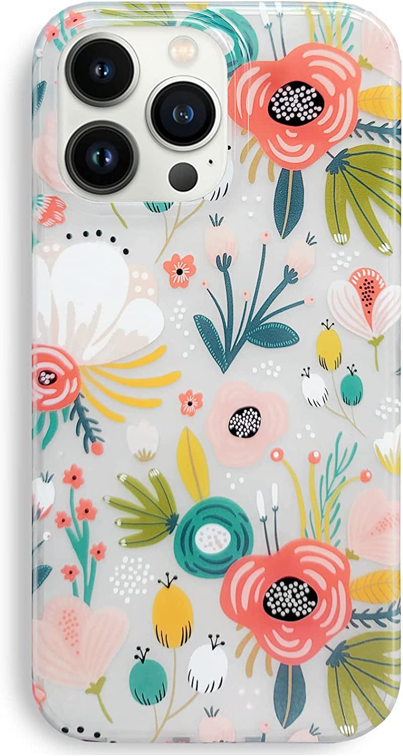 J.West Compatible with Iphone 14 Pro Max Case Soft Shockproof Cute Floral Phone Protective Cover for Women, Garden Flower Pattern Design Slim Fit Anti-Scratch 6.7" Phone Case for Girl  J.west Clear Floral  