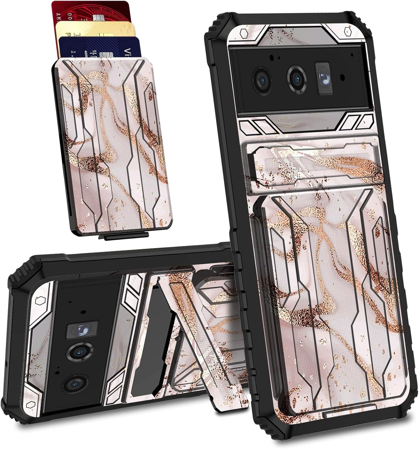 Case for Goole Pixel 6 Pro with Detachable Card Holder Slot Kickstand Hybrid Dual Layer Heavy Duty Shockproof Cover Hidden ID Cash Credit Wallet Case for Google Pixel 6 Pro 5G, Vintage American Flag  BVDIKMI Rose Gold Marble  