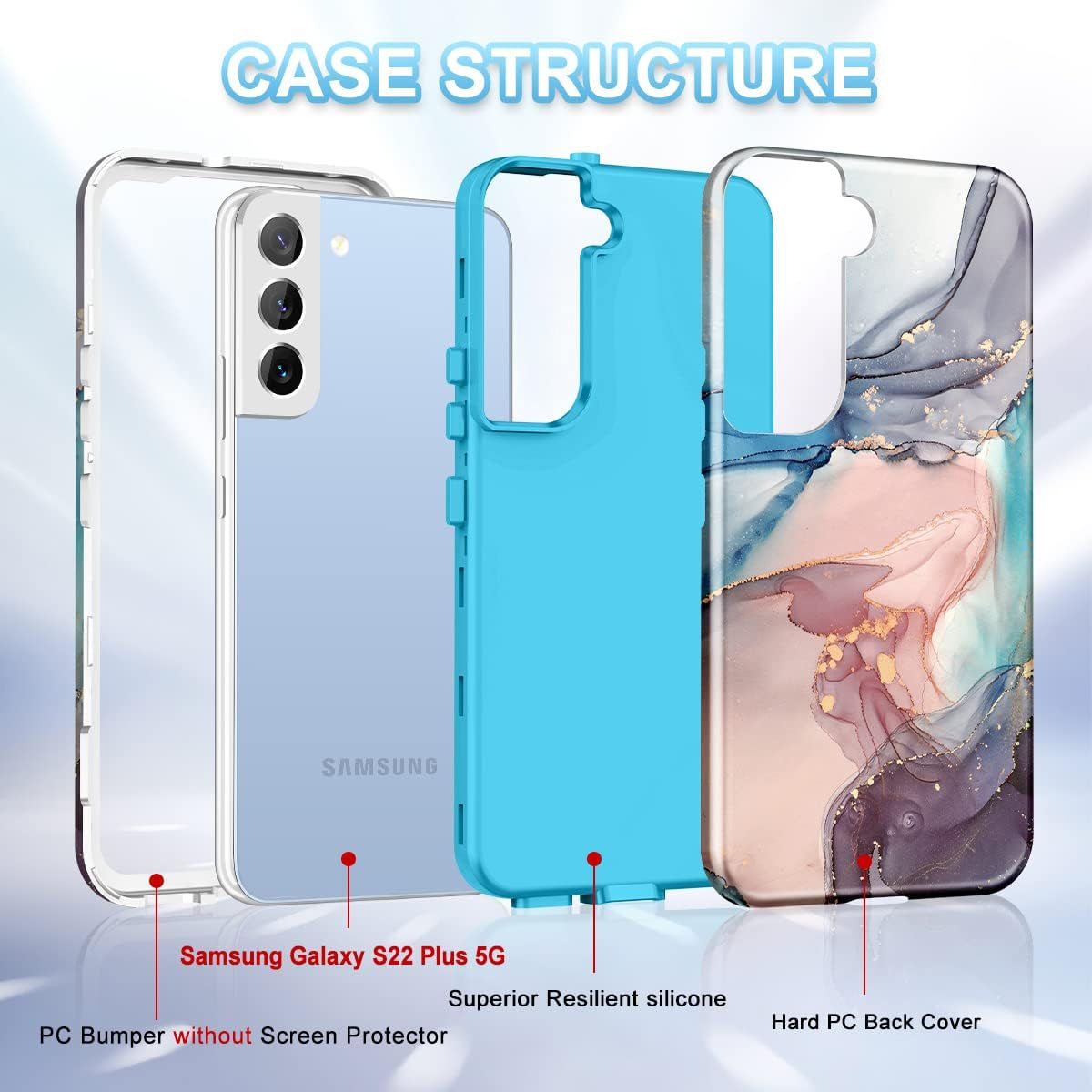 Btscase for Samsung Galaxy S22+/S22 plus 5G Case, Marble Pattern 3 in 1 Heavy Duty Shockproof Full Body Rugged Hard Pc+Soft Silicone Drop Protective Women Girl Covers for S22+/S22 Plus, Blue Gray  Btscase   