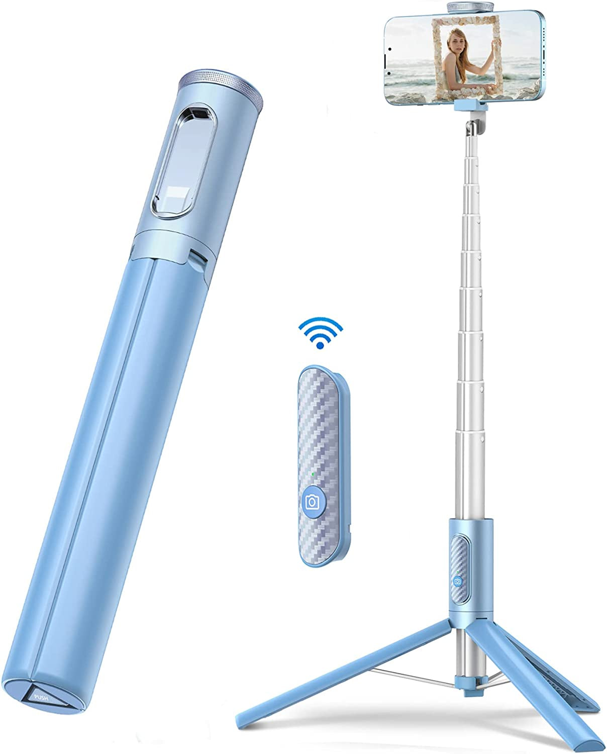 TONEOF 60" Cell Phone Selfie Stick Tripod,Smartphone Tripod Stand All-In-1 with Integrated Wireless Remote,Portable,Lightweight,Extendable Phone Tripod for 4''-7'' Iphone and Android (Black)  TONEOF Pure Blue  