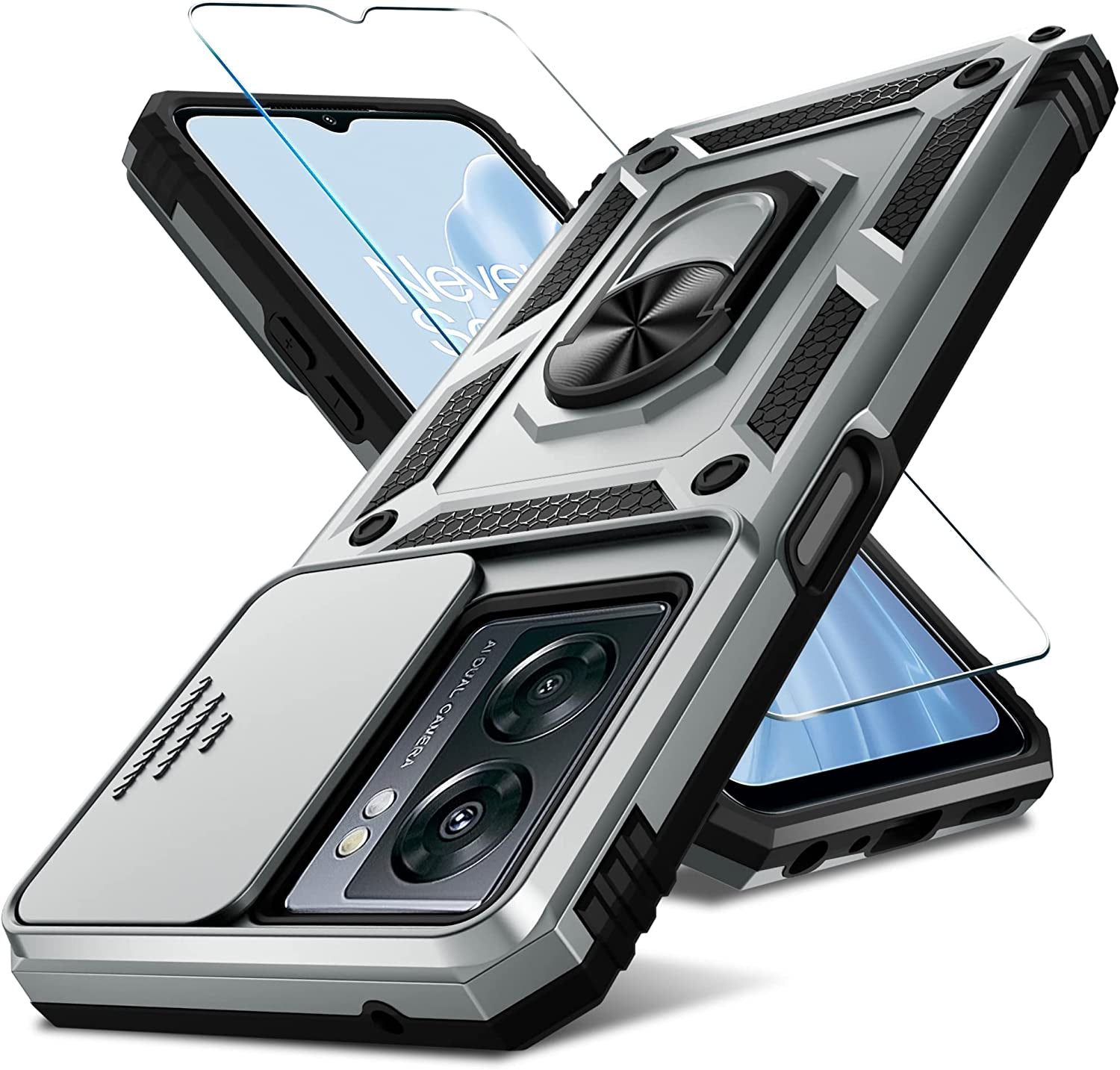 Janmitta Oneplus Nord N300 5G Case Built in Slide Camera Lens Cover and Screen Protector,Heavy Duty Shockproof Full Body Protective Phone Cover,Built in Finger Ring Stable Holder Kickstand,2022 Gold  Janmitta Silver  