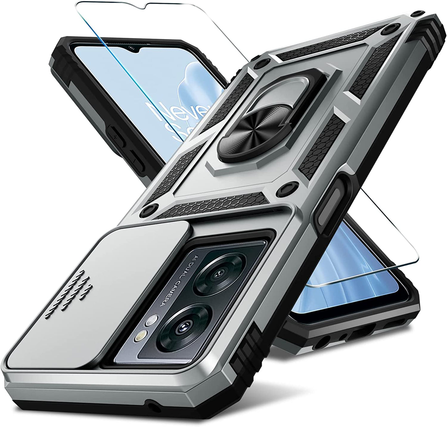 Janmitta Oneplus Nord N300 5G Case Built in Slide Camera Lens Cover and Screen Protector,Heavy Duty Shockproof Full Body Protective Phone Cover,Built in Finger Ring Stable Holder Kickstand,2022 Blue  Janmitta Silver  