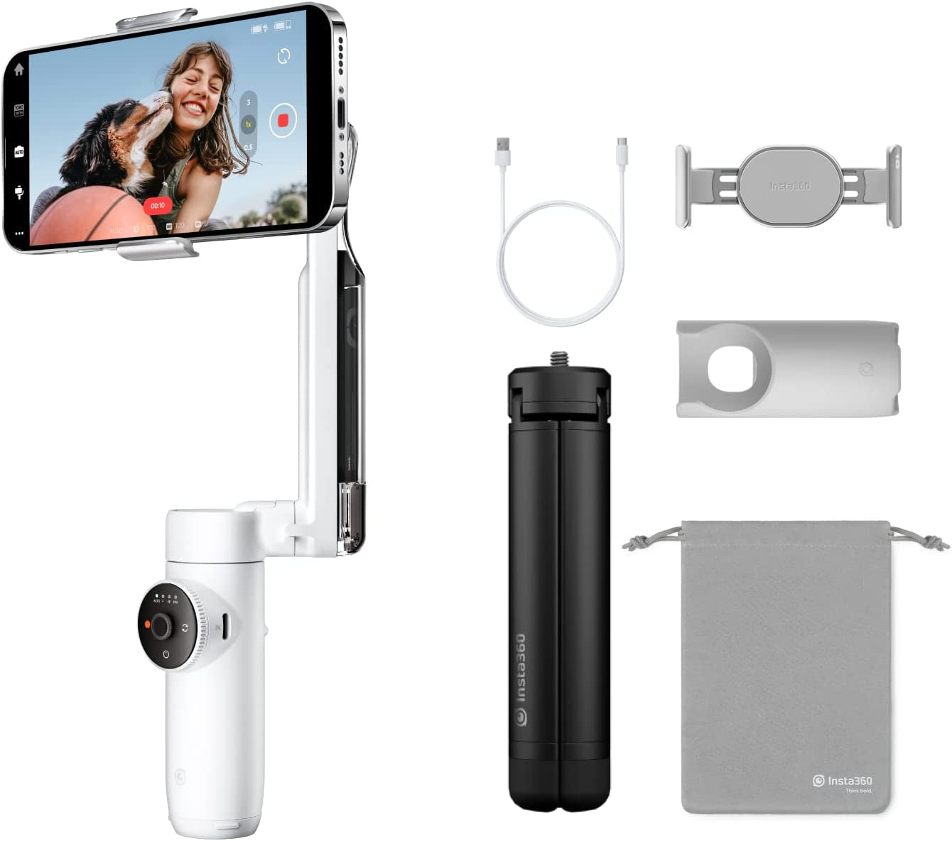 Insta360 Flow - Ai-Powered Smartphone Stabilizer, Auto Tracking Phone Gimbal, 3-Axis Stabilization, Built-In Selfie Stick & Tripod, Portable & Foldable, Youtube Tiktok Video, Stone Gray  Insta360 Summit White-Pro Tripod Kit  