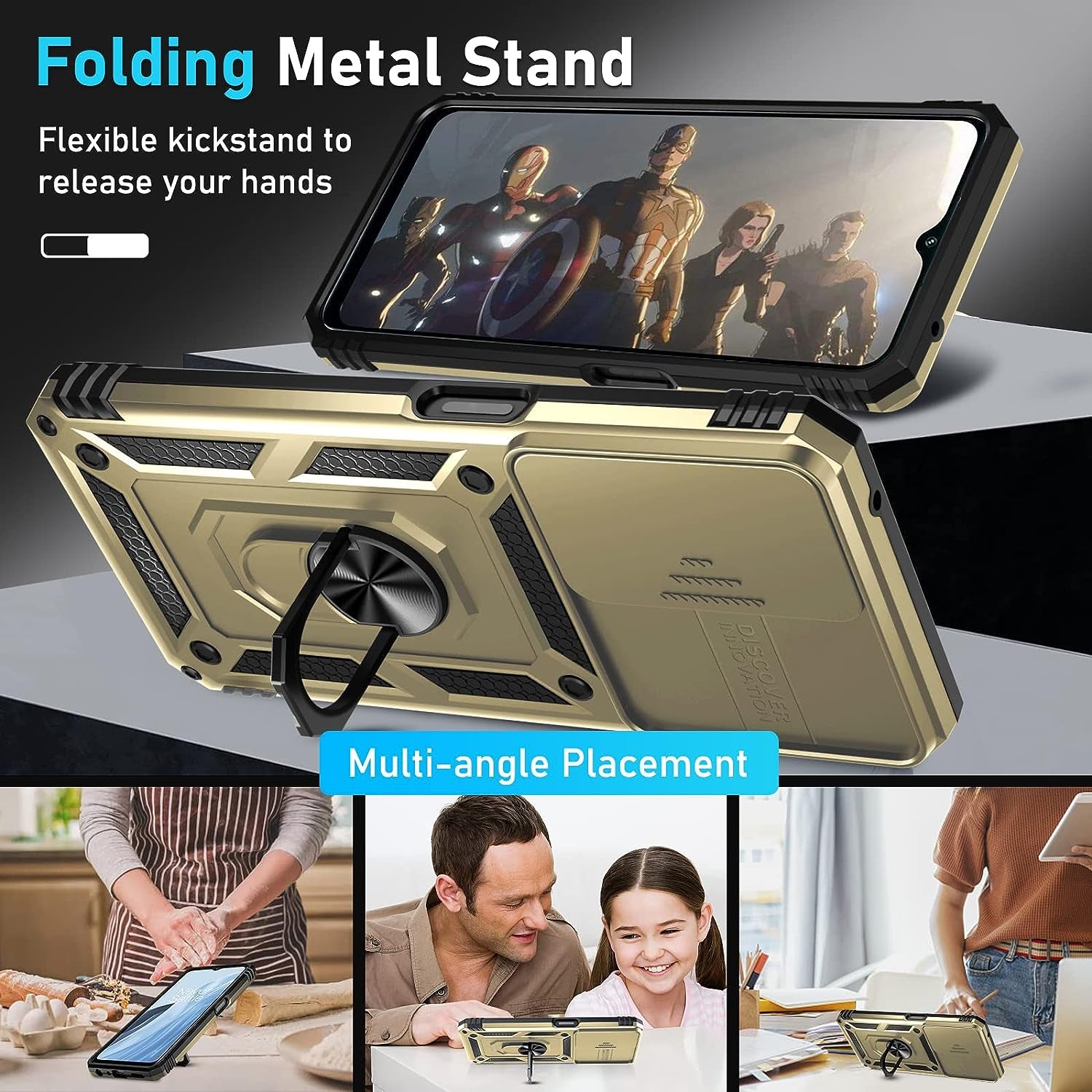 Janmitta Oneplus Nord N300 5G Case Built in Slide Camera Lens Cover and Screen Protector,Heavy Duty Shockproof Full Body Protective Phone Cover,Built in Finger Ring Stable Holder Kickstand,2022 Gold  Janmitta   