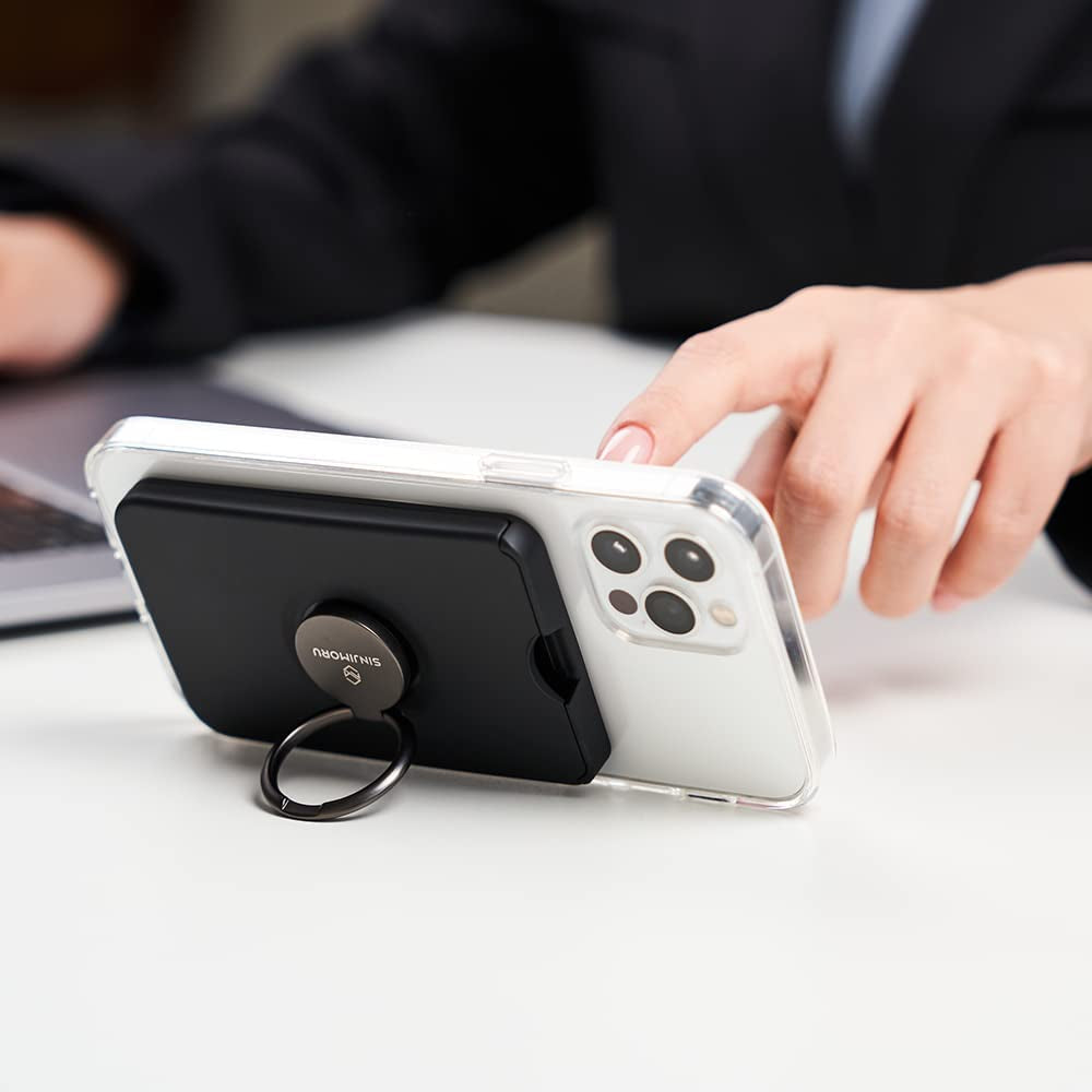 Sinjimoru Cell Phone Wallet for Magsafe with Phone Ring Holder, Secure Magnetic Card Holder with Phone Grip & Kickstand for Magsafe Case & Iphone 14/13/12 Series. M-Ringo Slot Black  Sinjimoru Co.Ltd   