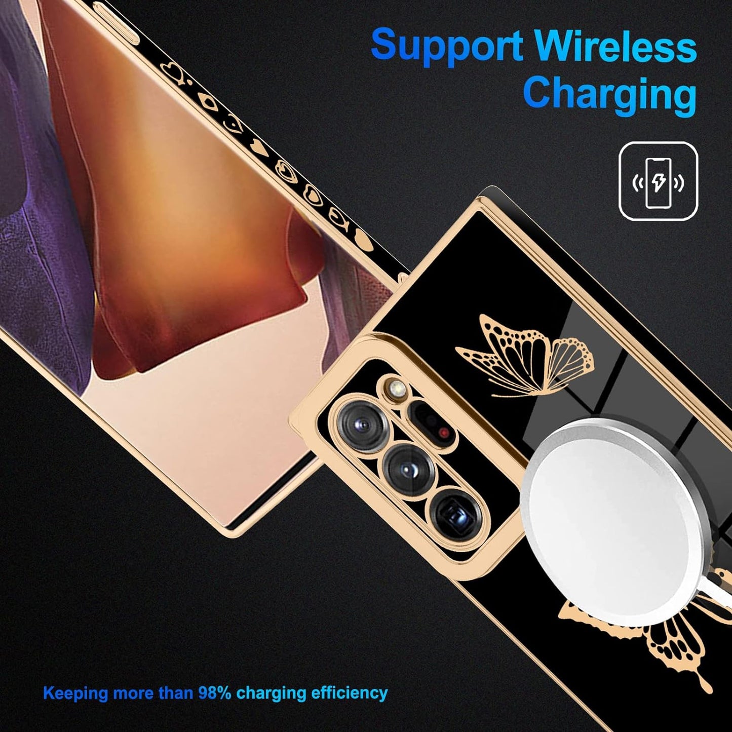 Jefonha for Samsung Galaxy Note 20 Ultra 6.9 Inch Plating Cute Butterflies Cover with Screen Protector Cute Side Pattern Soft TPU Shockproof Full Camera Lens Protection Electroplated Case - Black  Jefonha   